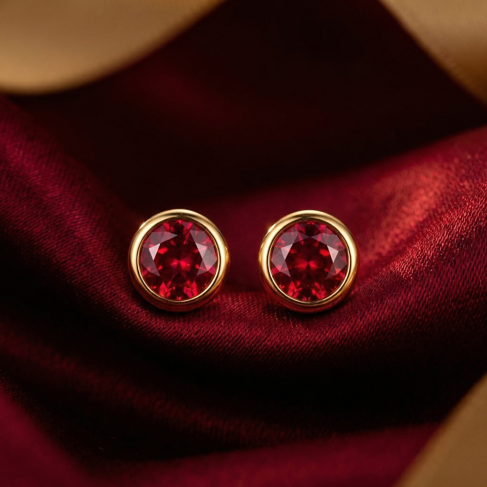 Front view of round-cut pigeon blood red simulated ruby stud earrings in gold vermeil bezel settings.