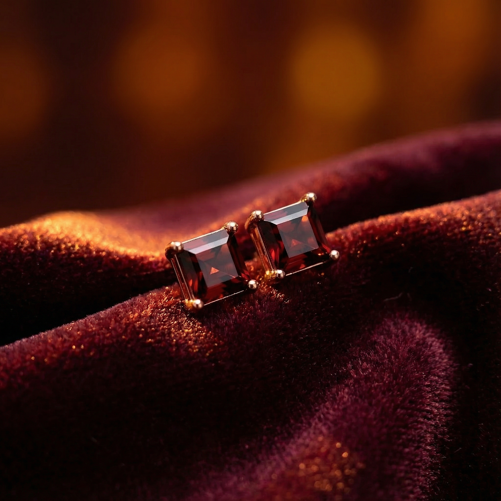 Square emerald cut simulated garnet earrings in 18K rose gold vermeil resting on a red velvet surface.