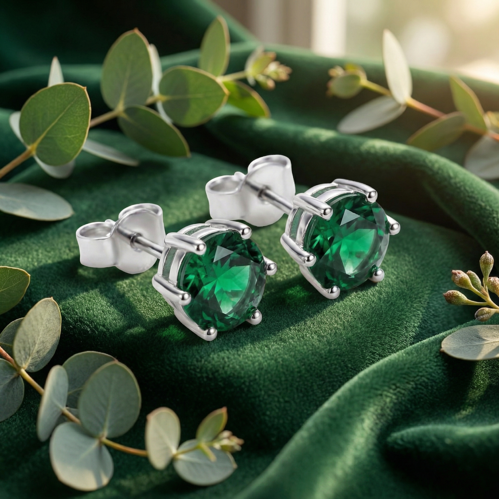 Round cut simulated emerald stud earrings in sterling silver displayed on green velvet with eucalyptus leaves.
