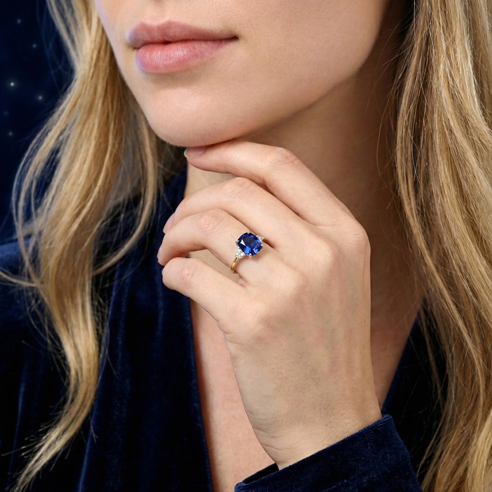 Model wearing the Arisara cushion-cut simulated sapphire ring in 18K gold vermeil with a blue velvet dress.