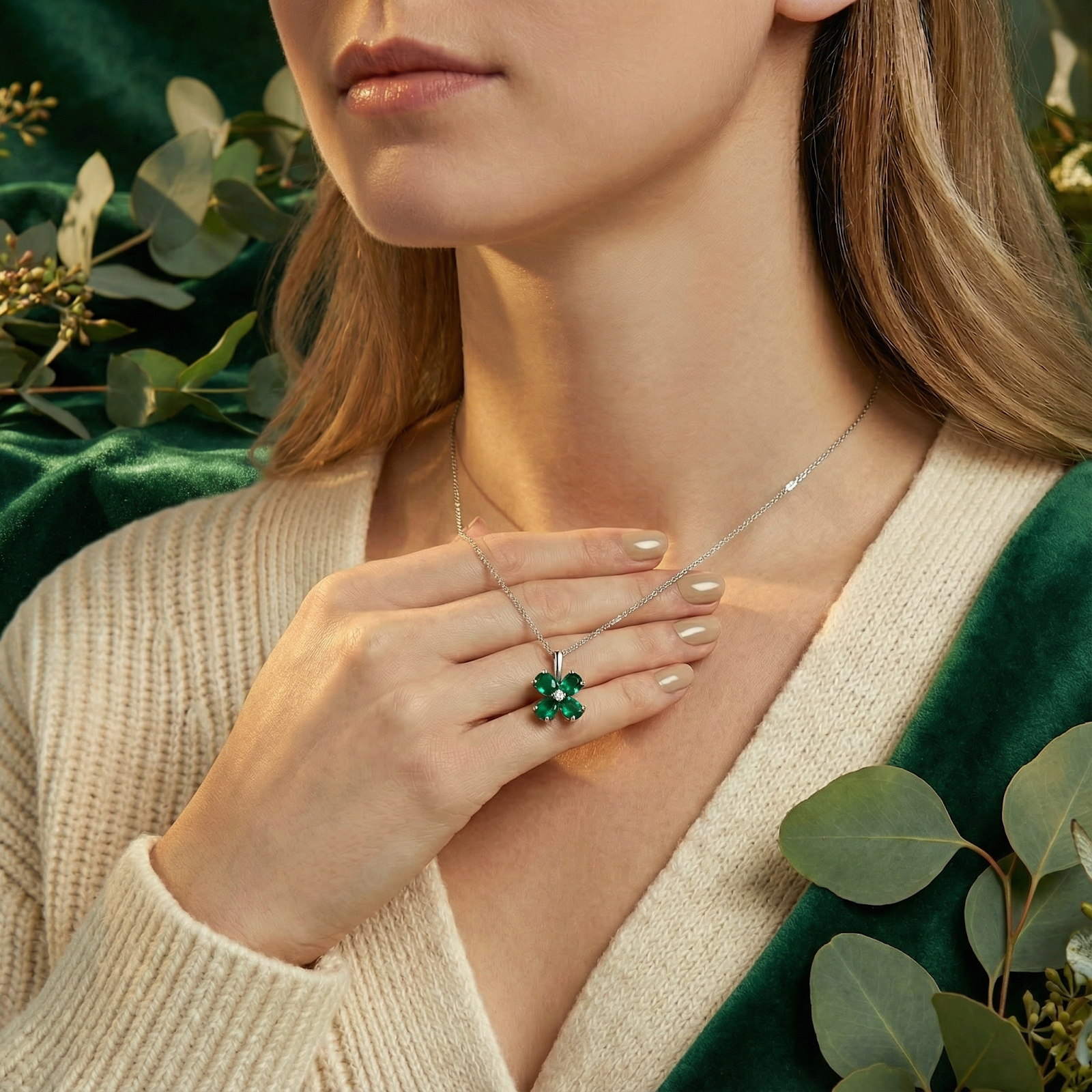 Sterling silver clover necklace with green simulated emeralds worn by a model against a green velvet backdrop.