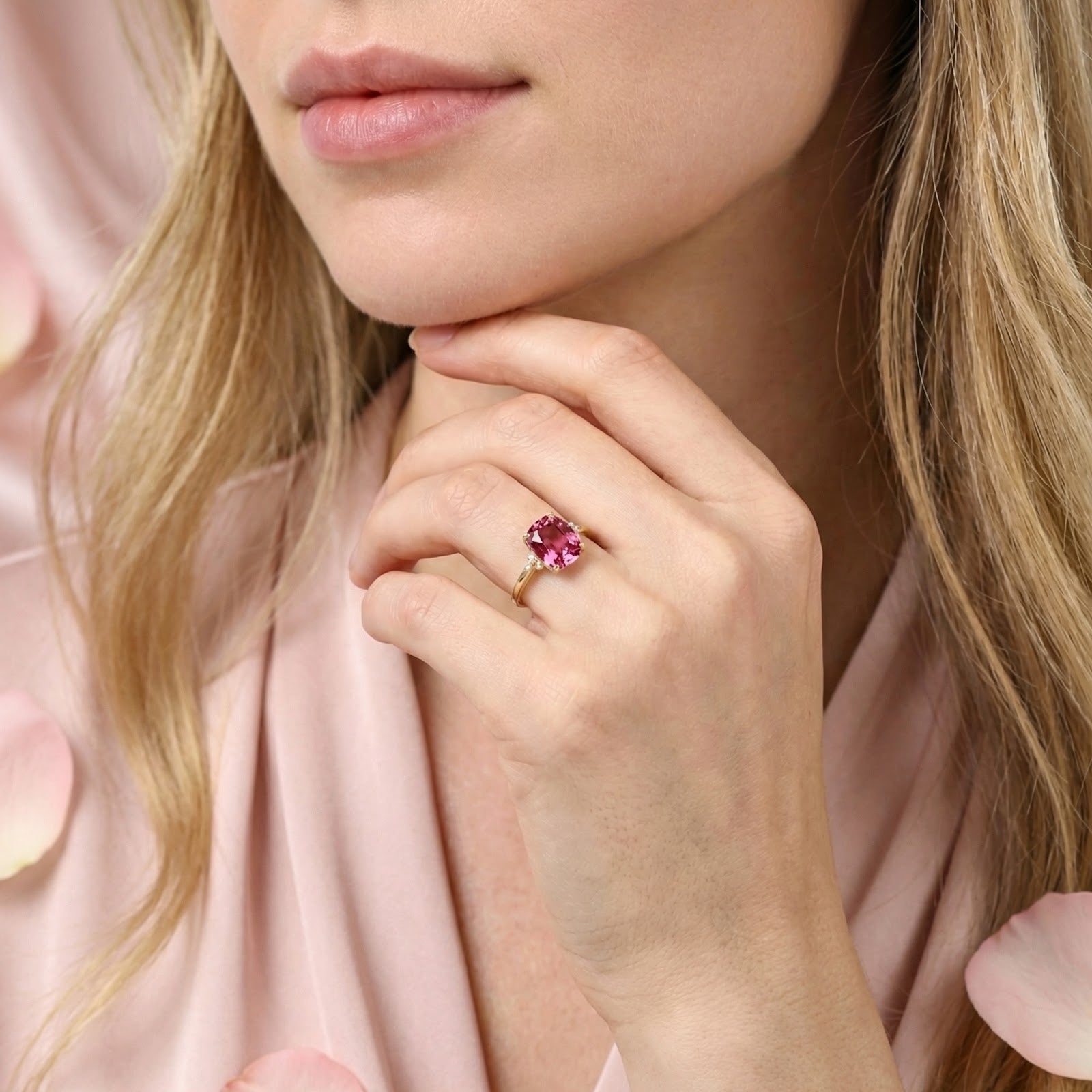 Model wearing the 18K gold vermeil cushion cut simulated pink tourmaline ring, hand under chin.