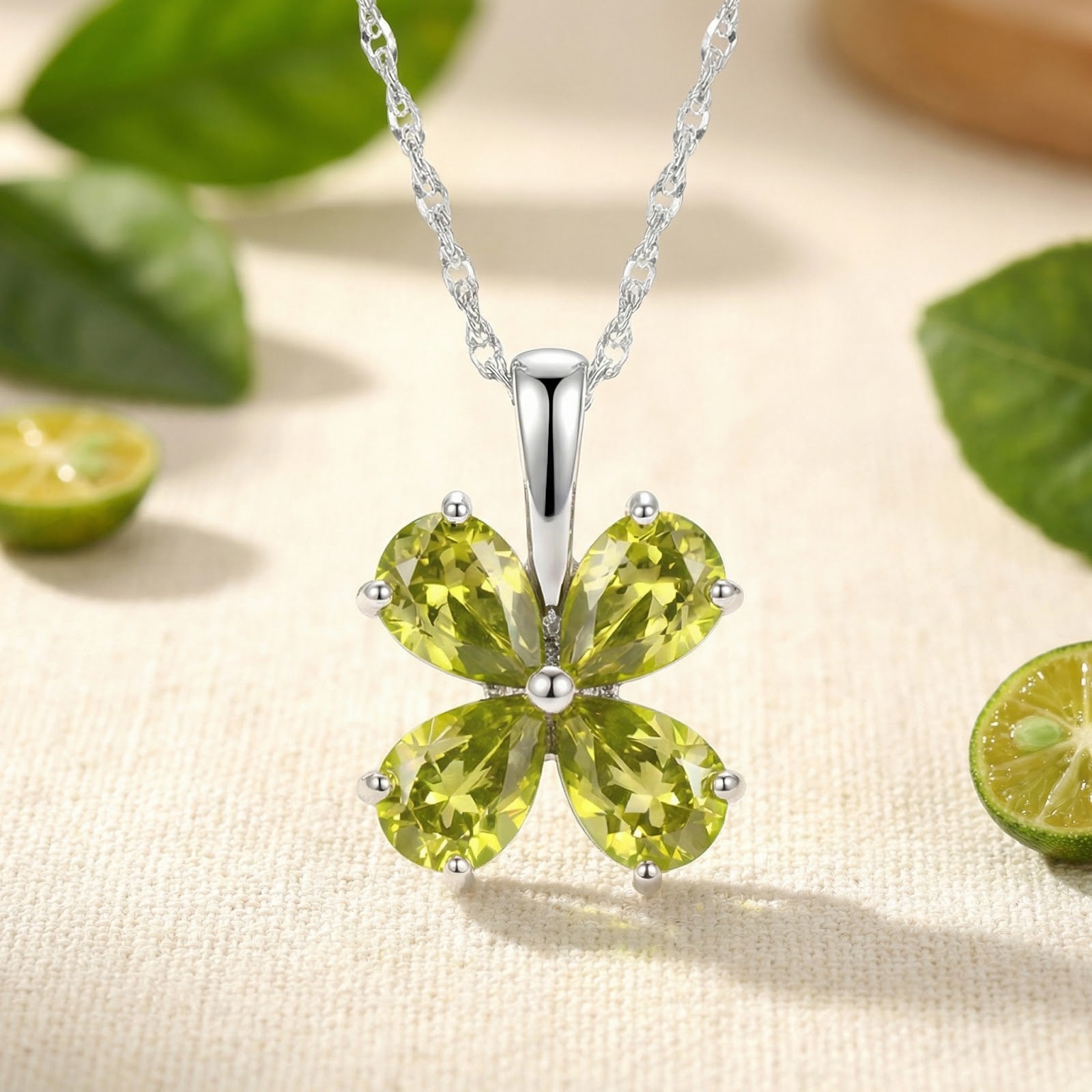 Clover-shaped simulated peridot necklace in S925 sterling silver on a lifestyle background with citrus accents.