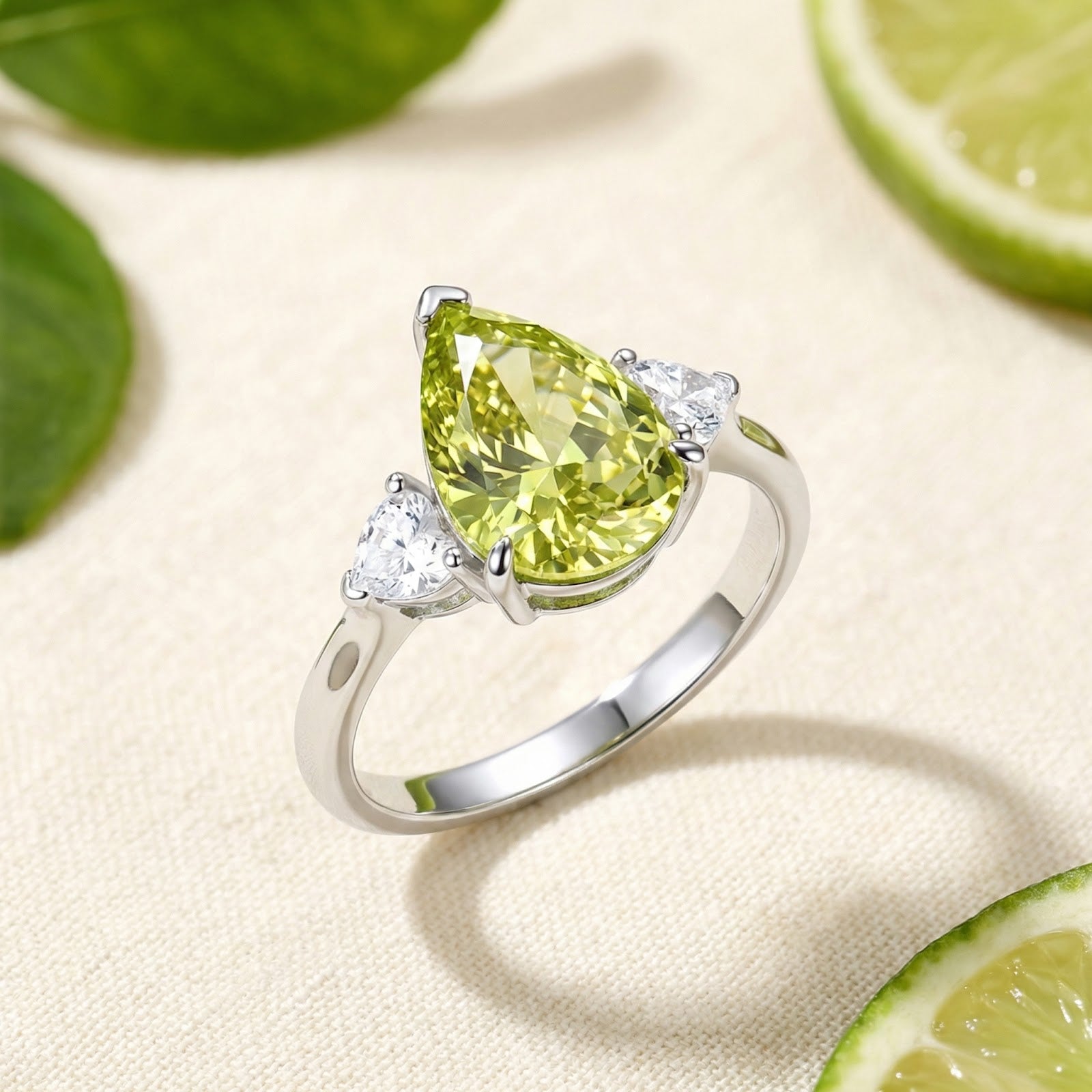 Macro view of a pear-cut simulated peridot sterling silver ring with clear side stones and lime accents.