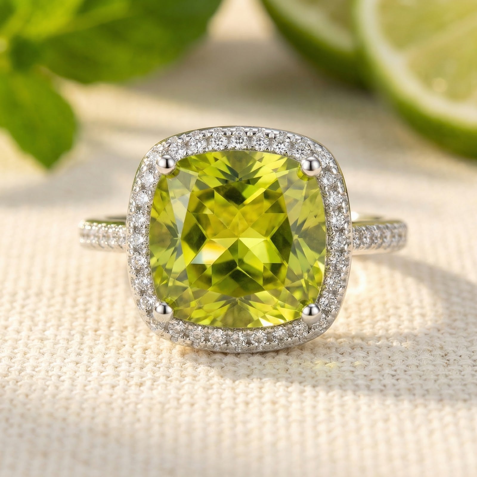 Macro view of a cushion cut simulated peridot stone in a sterling silver halo setting with pavé accents.