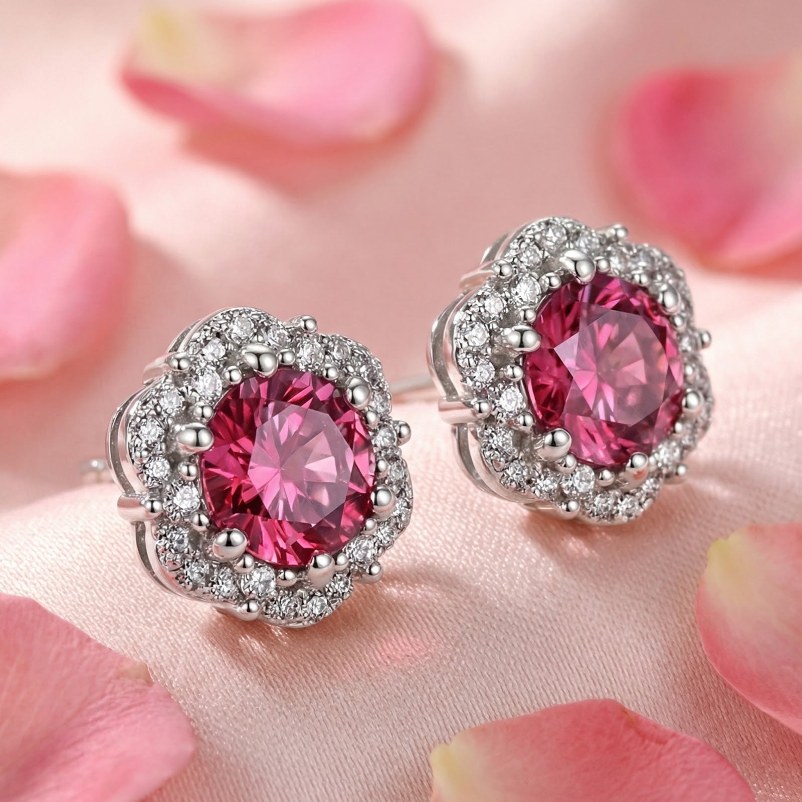 Side view of sterling silver halo stud earrings with round raspberry pink tourmaline stones on pink silk.