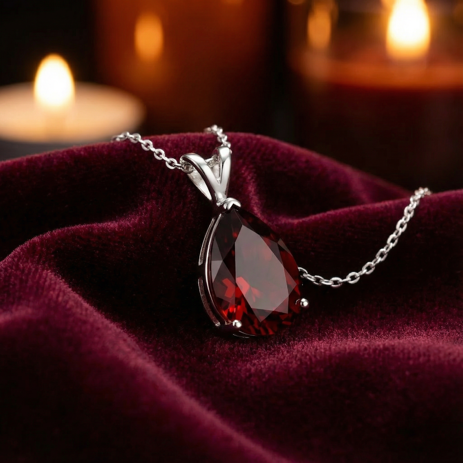 Pear cut simulated garnet necklace in sterling silver resting on red velvet with candle background.