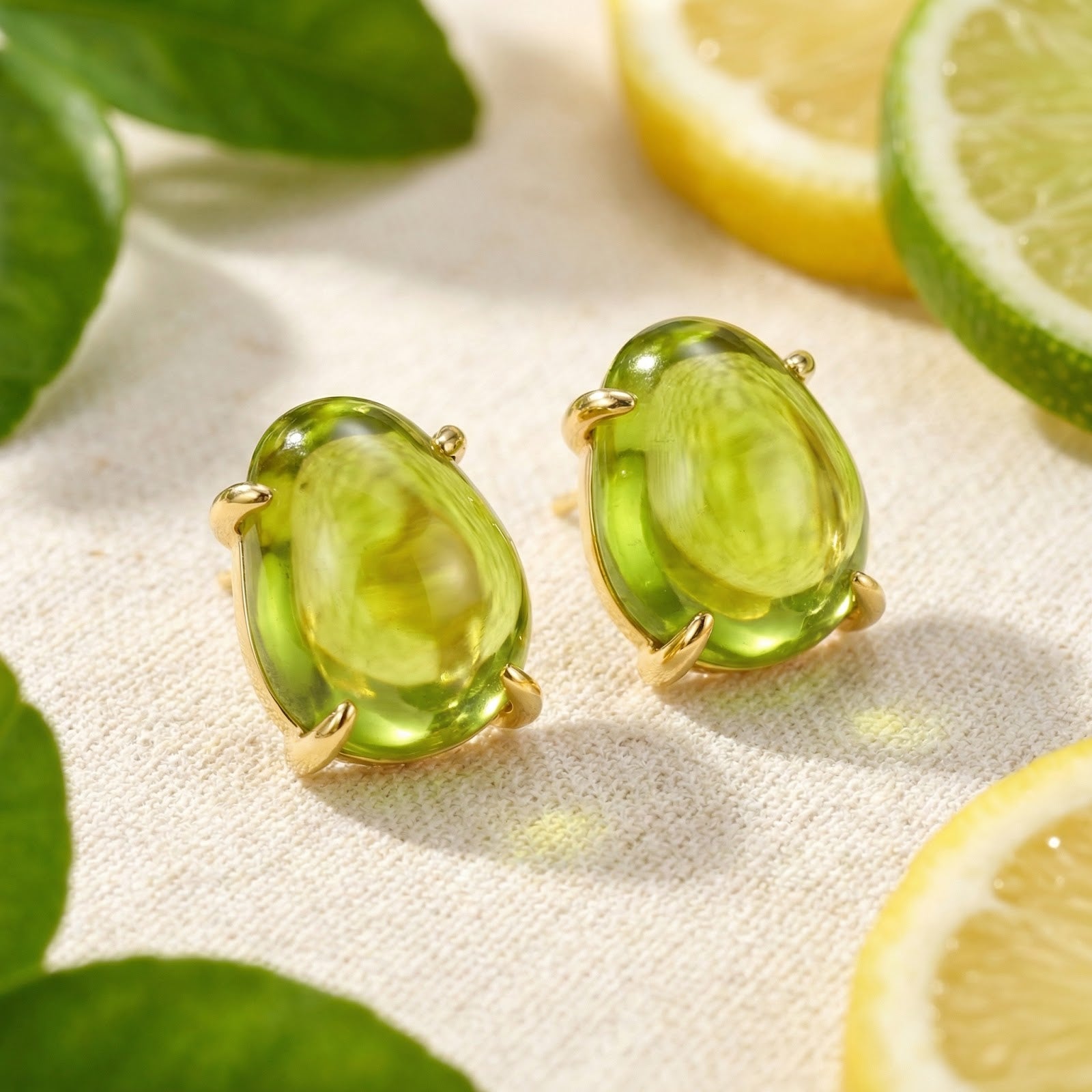 Angled view of Verdelle August birthstone simulated peridot cabochon earrings in 18K gold vermeil with lime slices.