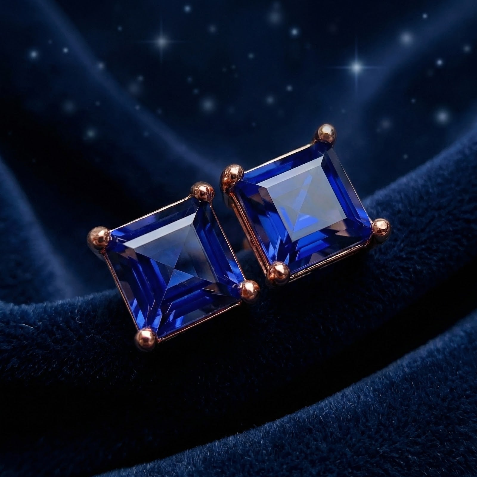 Macro view of square princess cut simulated sapphire earrings with 18K rose gold vermeil prong settings.