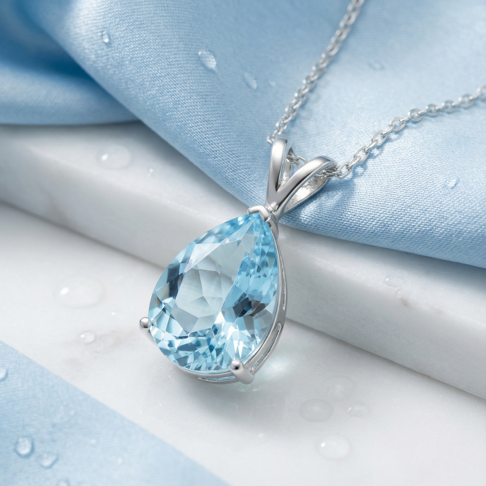 Macro view of the pear cut simulated aquamarine stone and sterling silver prong setting on blue silk.