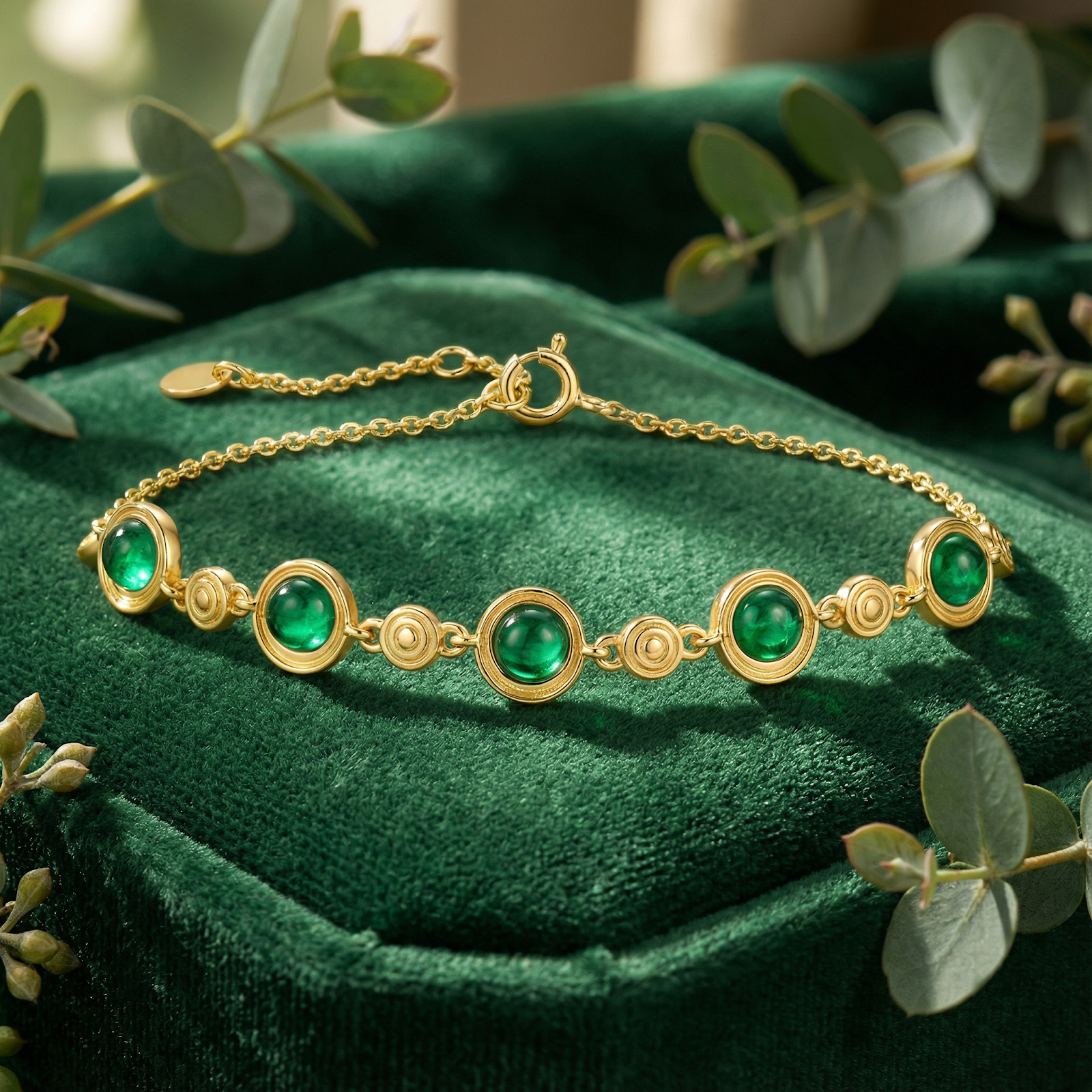 Elianara station bracelet in 18K gold vermeil with round simulated emeralds on a green velvet background.