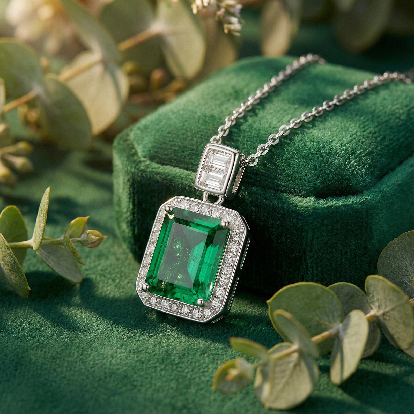 Emerald-cut simulated emerald pendant in sterling silver on a green velvet box with eucalyptus leaves.