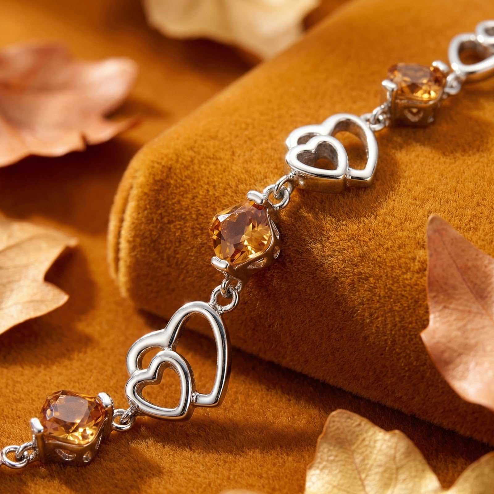 Macro view of square-cut simulated topaz stones and silver heart links on the Amantelle sterling silver bracelet.