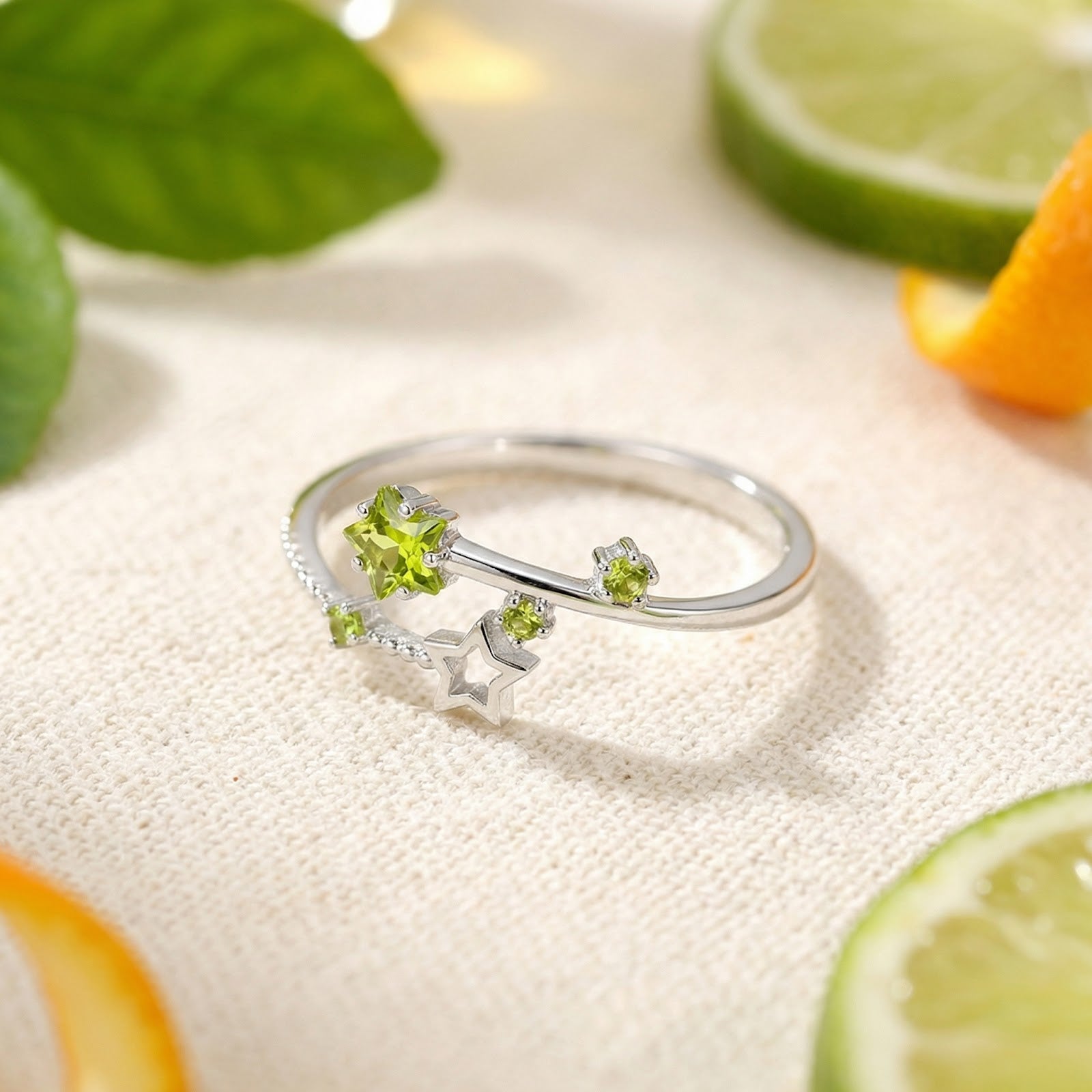Sterling silver Stellina bypass ring with star-shaped simulated peridot stones, styled with citrus fruit slices.