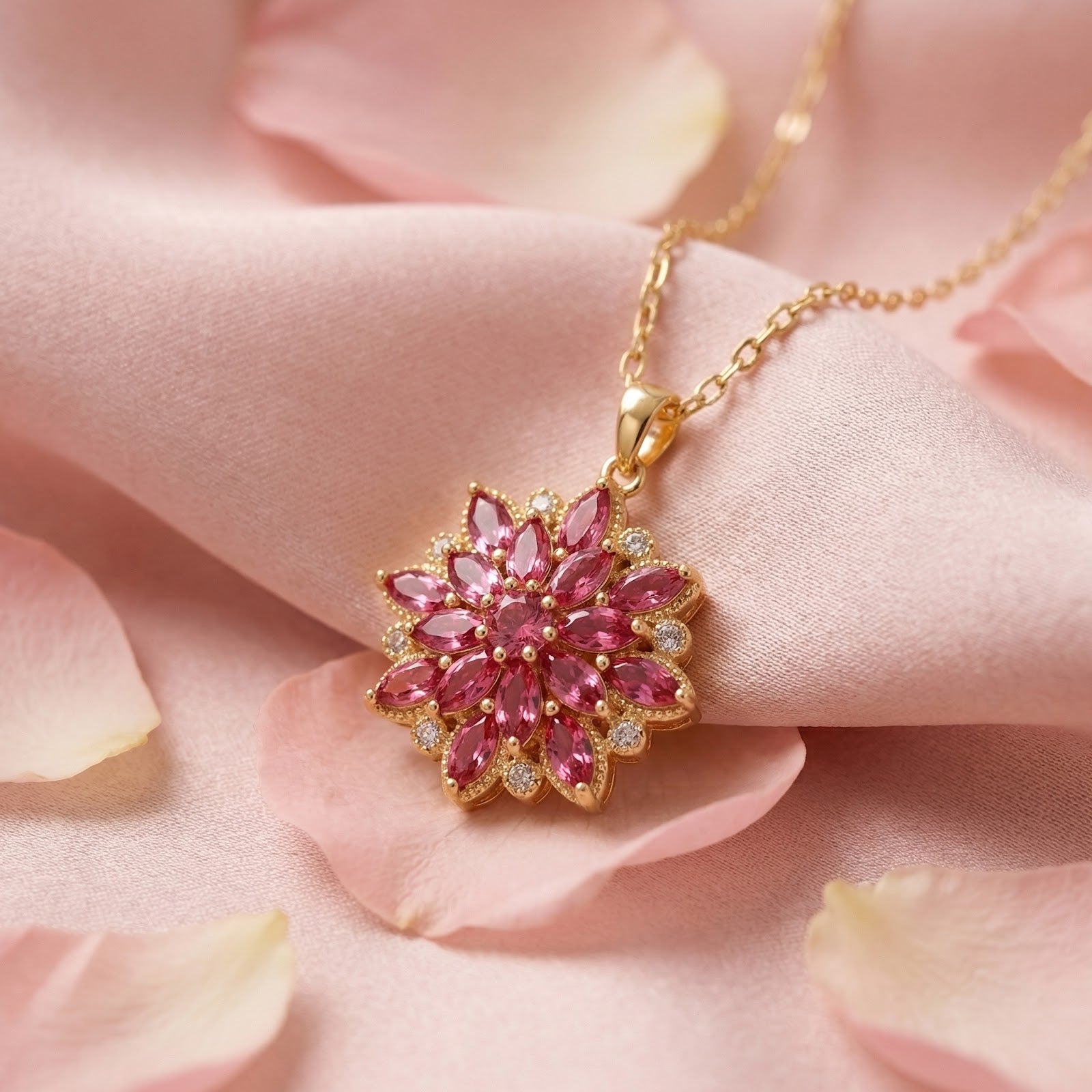 October birthstone floral necklace in gold finish stainless steel resting on pink fabric and rose petals.