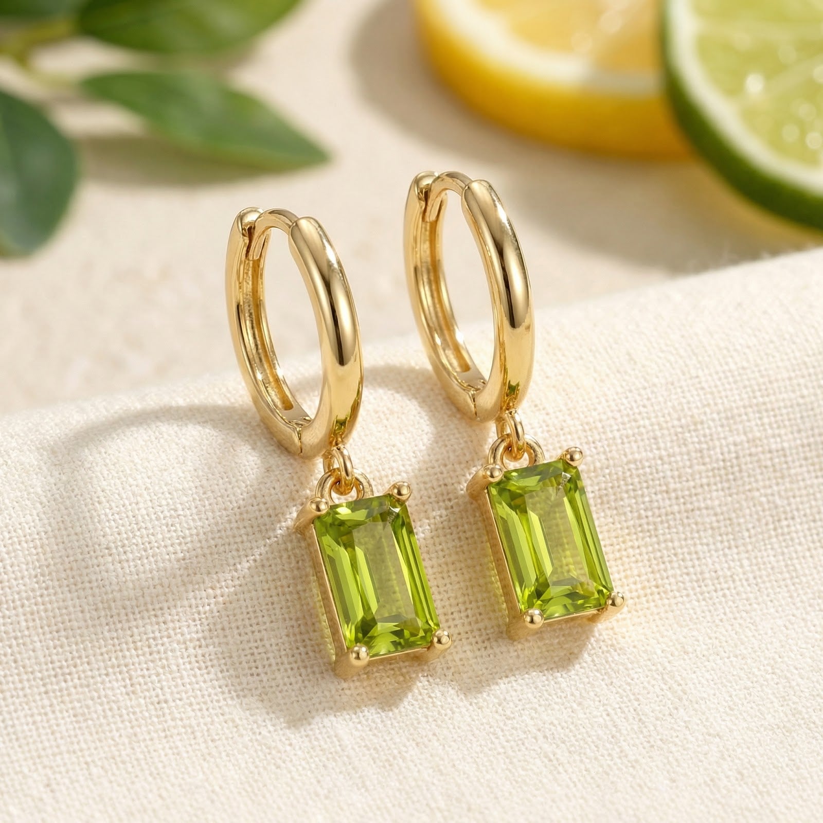 Macro detail of 18K gold vermeil Lunaris earrings showing the precision emerald-cut simulated peridot stones.