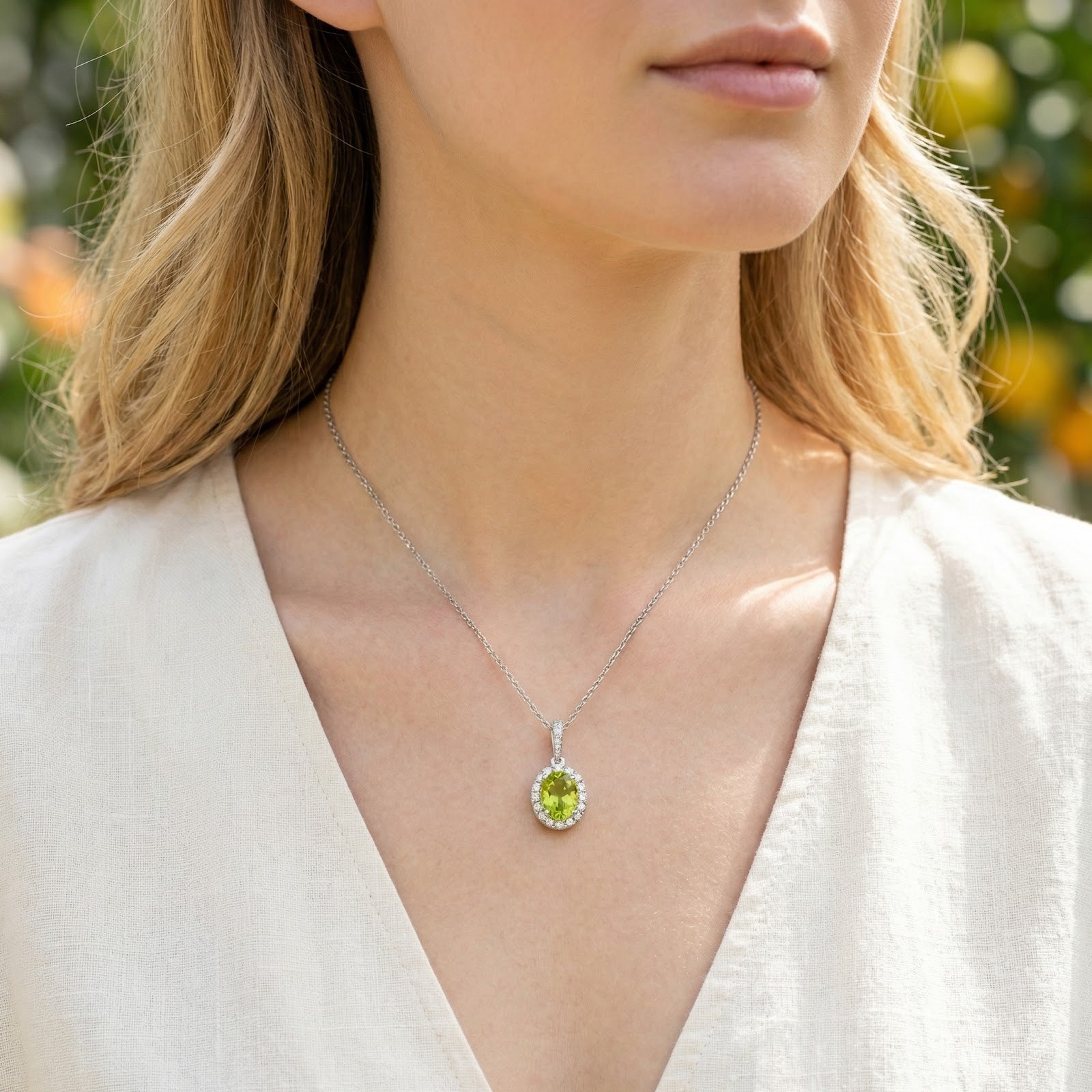 Front view of a model wearing the oval simulated peridot halo pendant in S925 sterling silver.