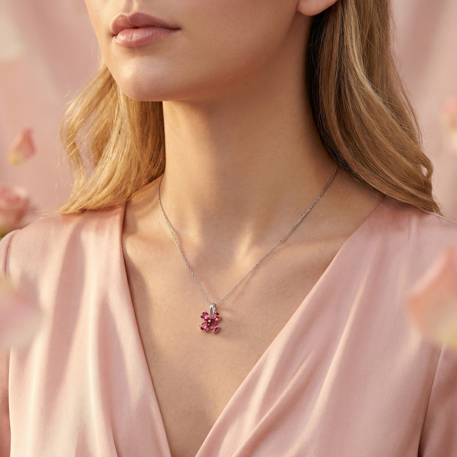 Model wearing the Petalina flower necklace in S925 sterling silver with pink tourmaline stones on a pink silk dress.