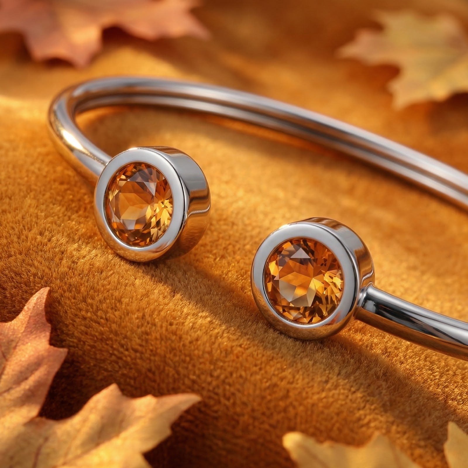 Close-up of two round-cut honeyed simulated topaz stones set in a silver stainless steel cuff bracelet.