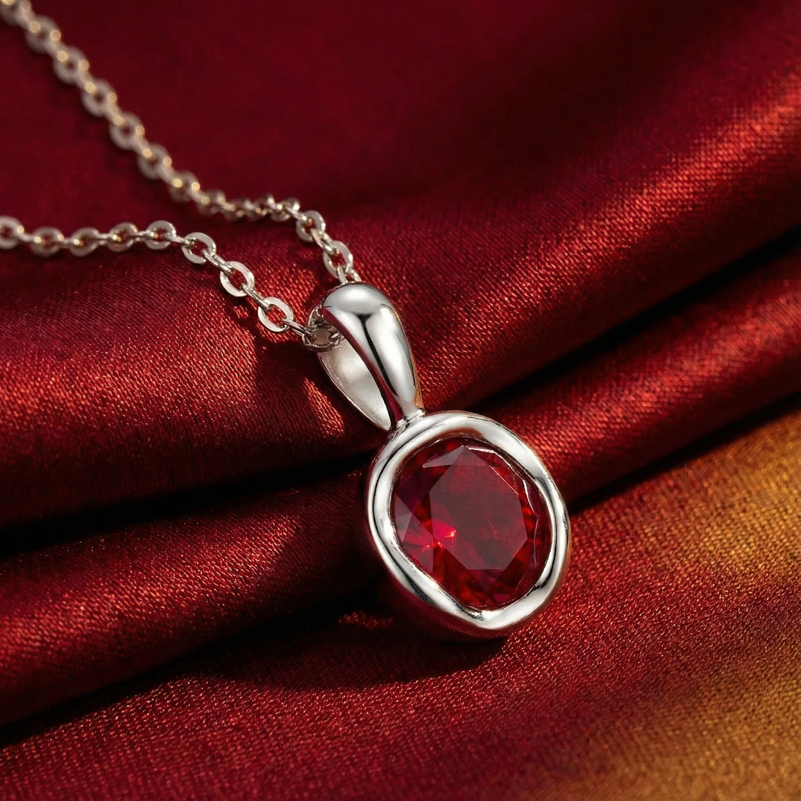 Macro view of the precision-cut simulated ruby pendant in S925 sterling silver on red fabric.