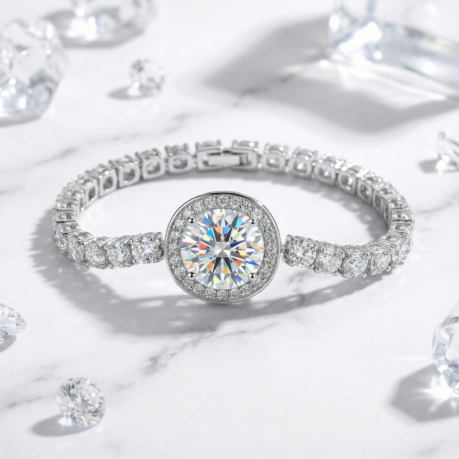 Close-up of a sterling silver halo bracelet featuring a brilliant round-cut simulated diamond and pavé setting.