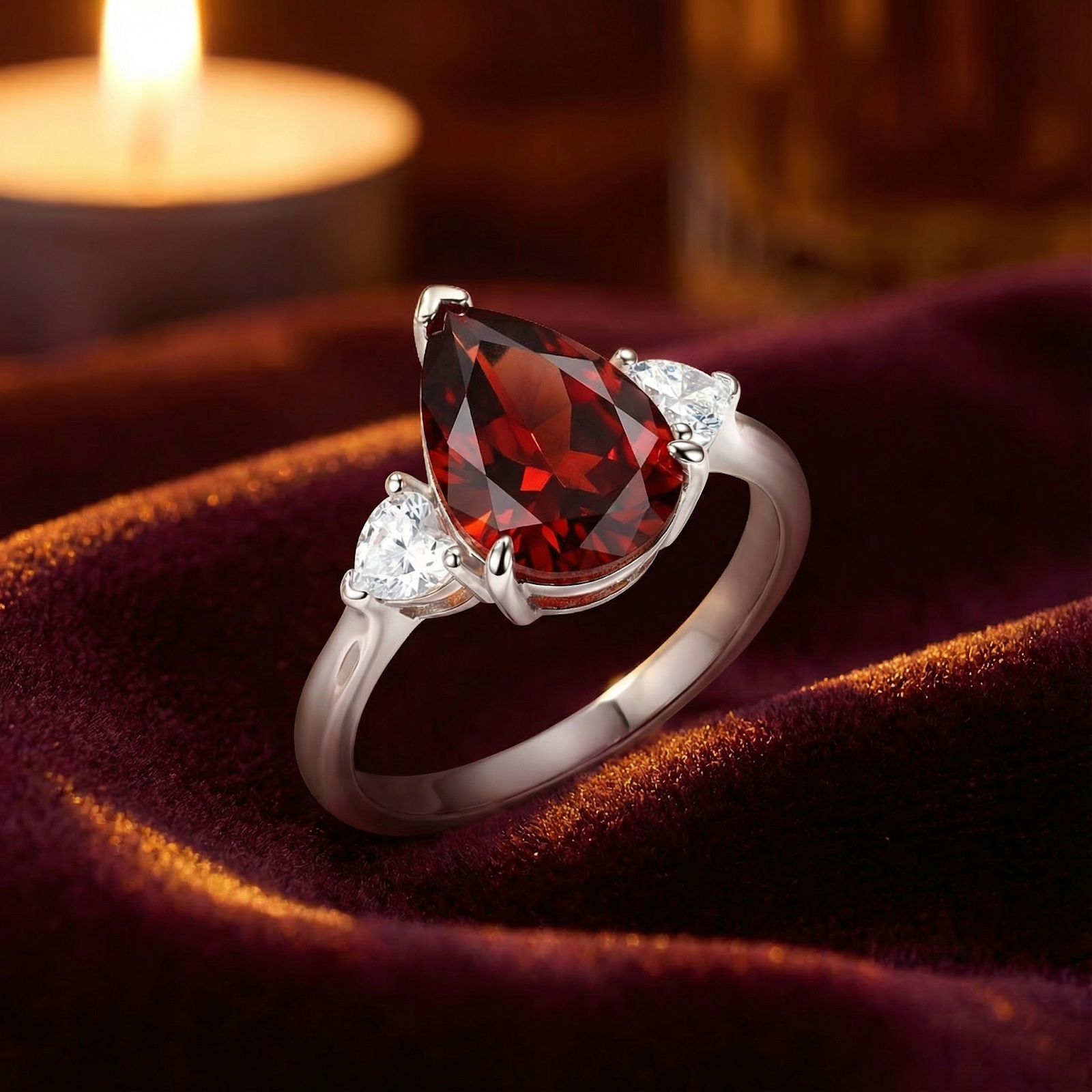 Pear-shaped red garnet sterling silver ring with clear side stones on red velvet with a candle background.