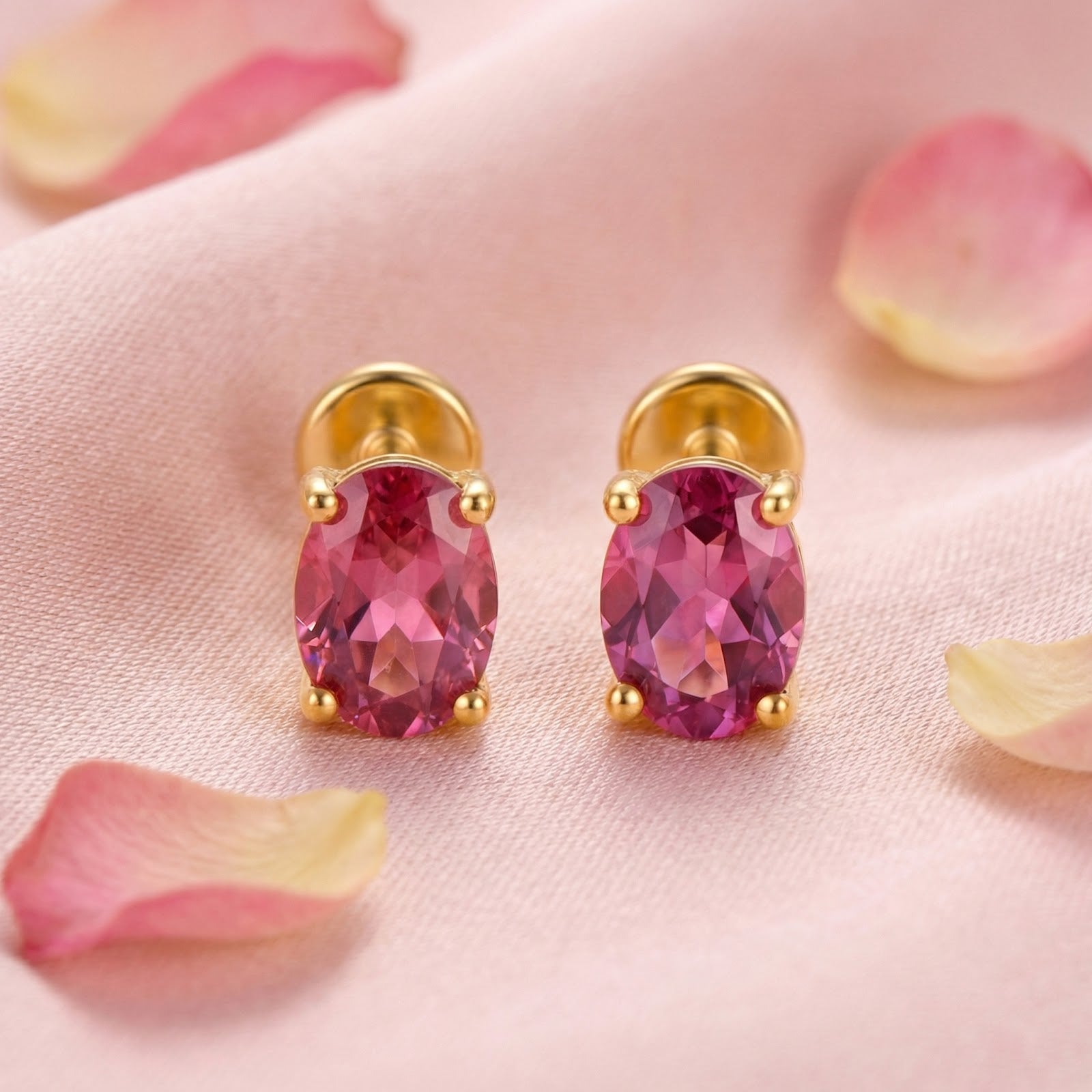 Front view of oval-cut simulated pink tourmaline stud earrings in 18K gold vermeil on a pink petal background.