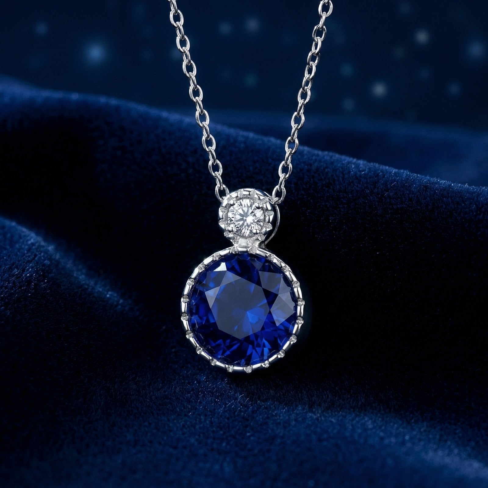 Round cut simulated sapphire pendant in sterling silver on a dark blue velvet background.