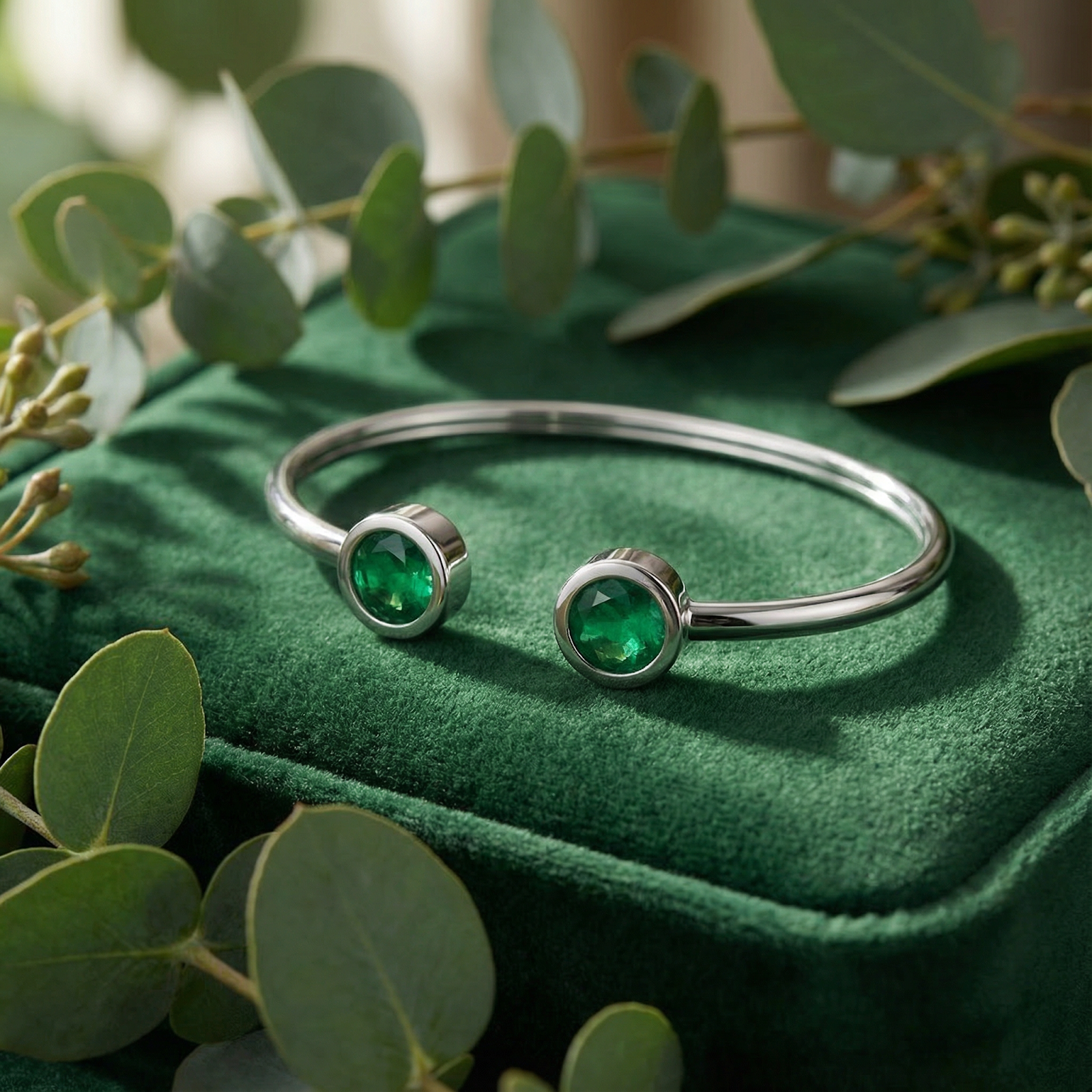 Close-up of a silver stainless steel bypass cuff bracelet with round simulated emeralds on a green velvet box.