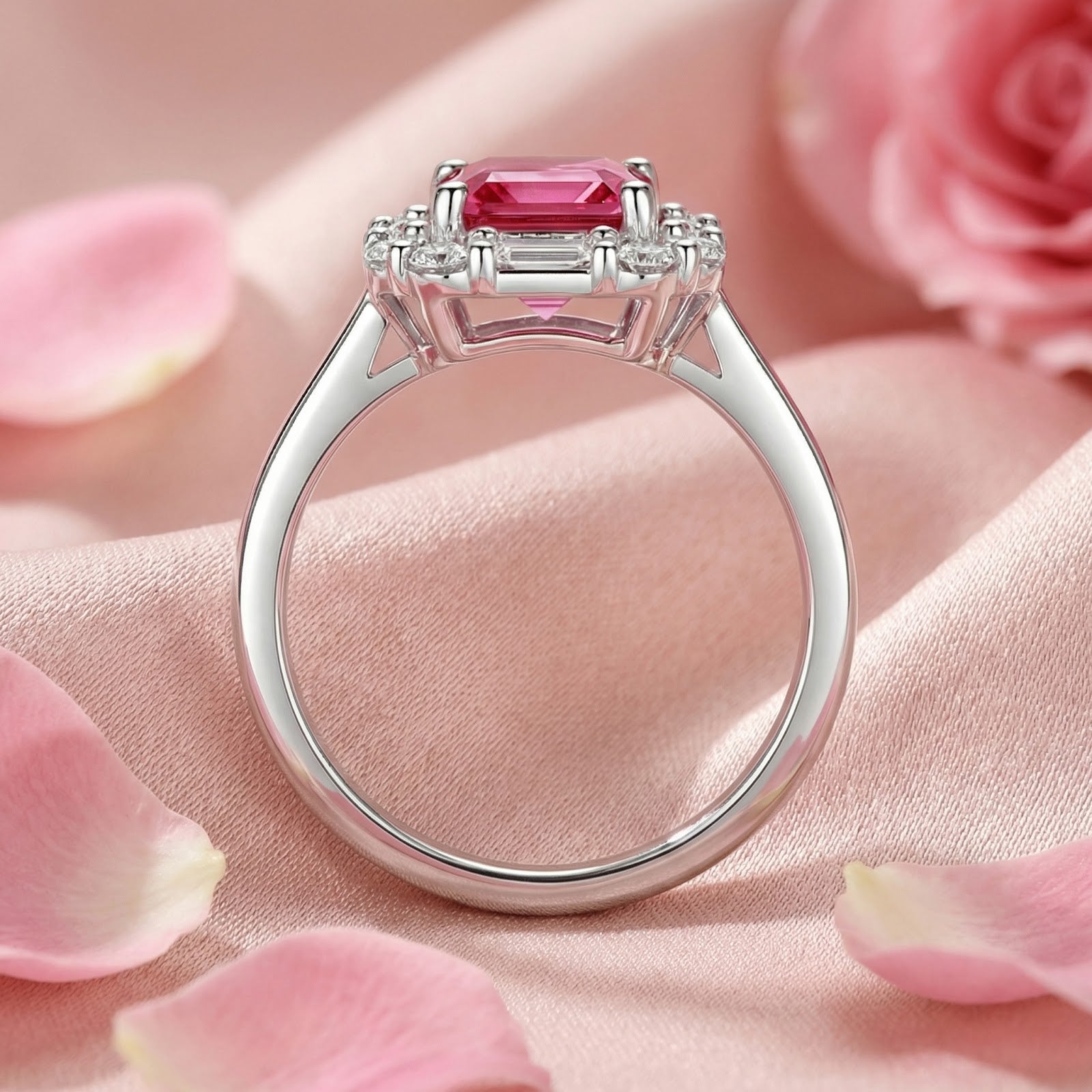Profile view of the octagon pink tourmaline sterling silver ring on pink silk with rose petals.