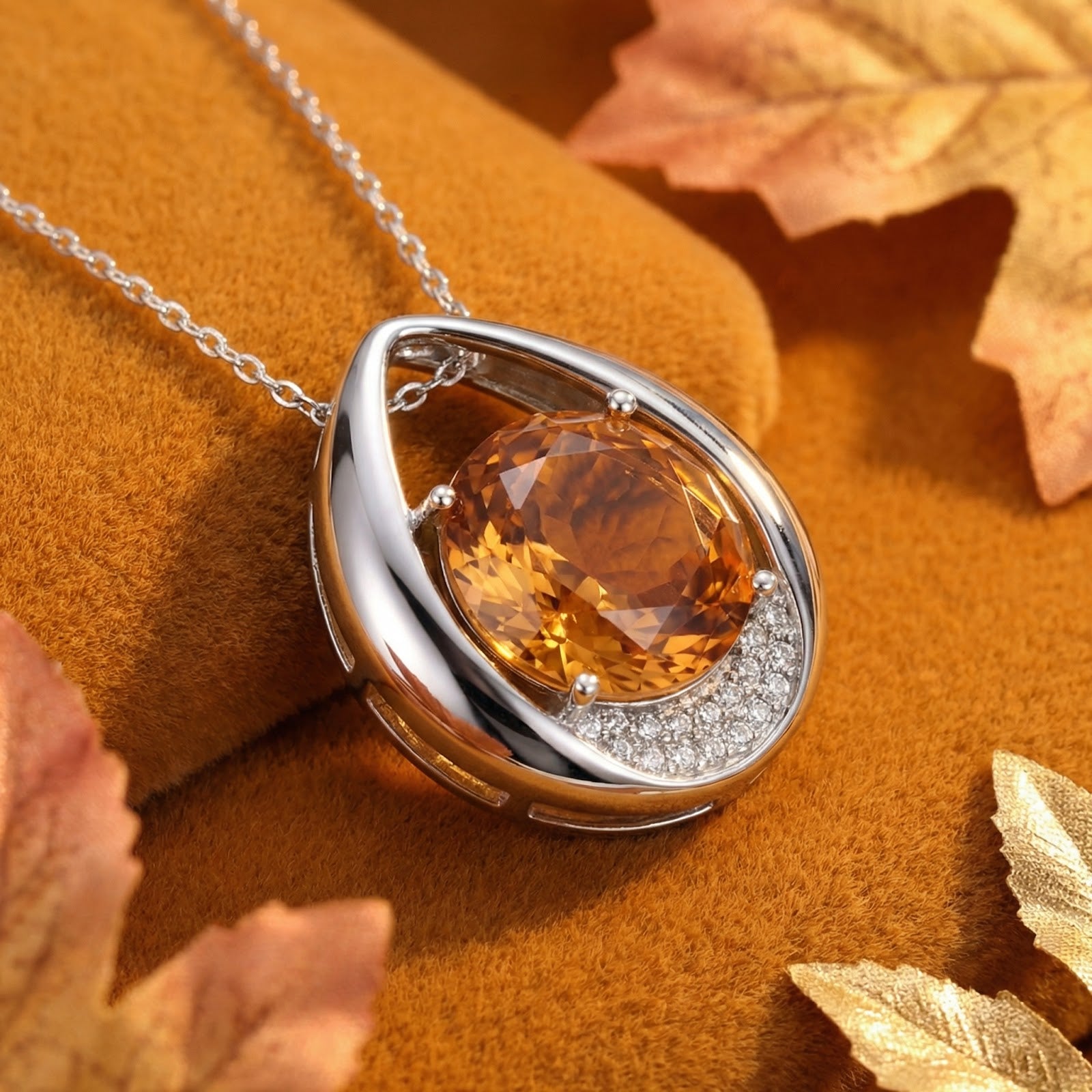 Macro view of a round-cut honey simulated topaz in a S925 sterling silver teardrop pendant with pave accent stones.