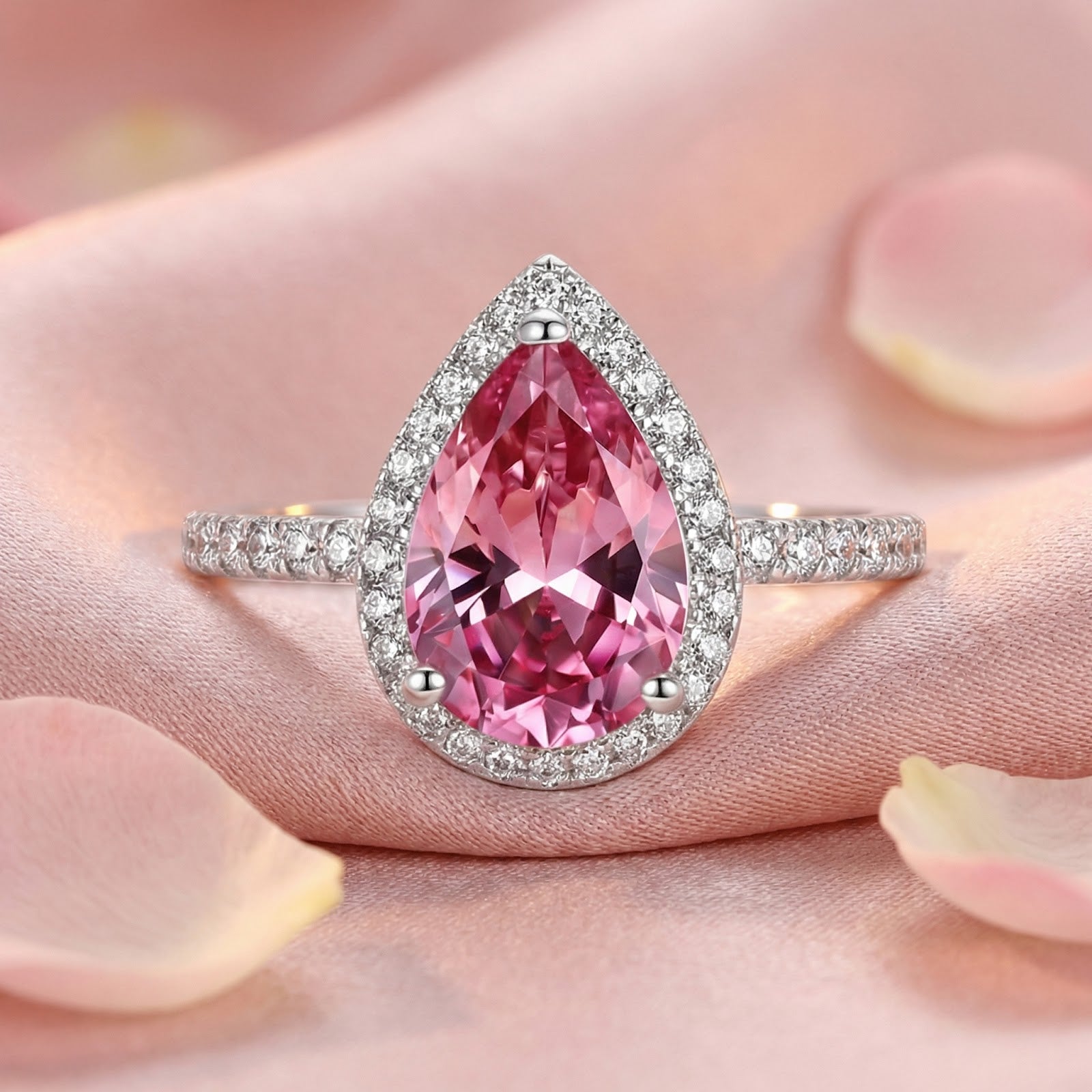 Pear-cut pink tourmaline halo ring in S925 sterling silver on a pink silk background with rose petals.