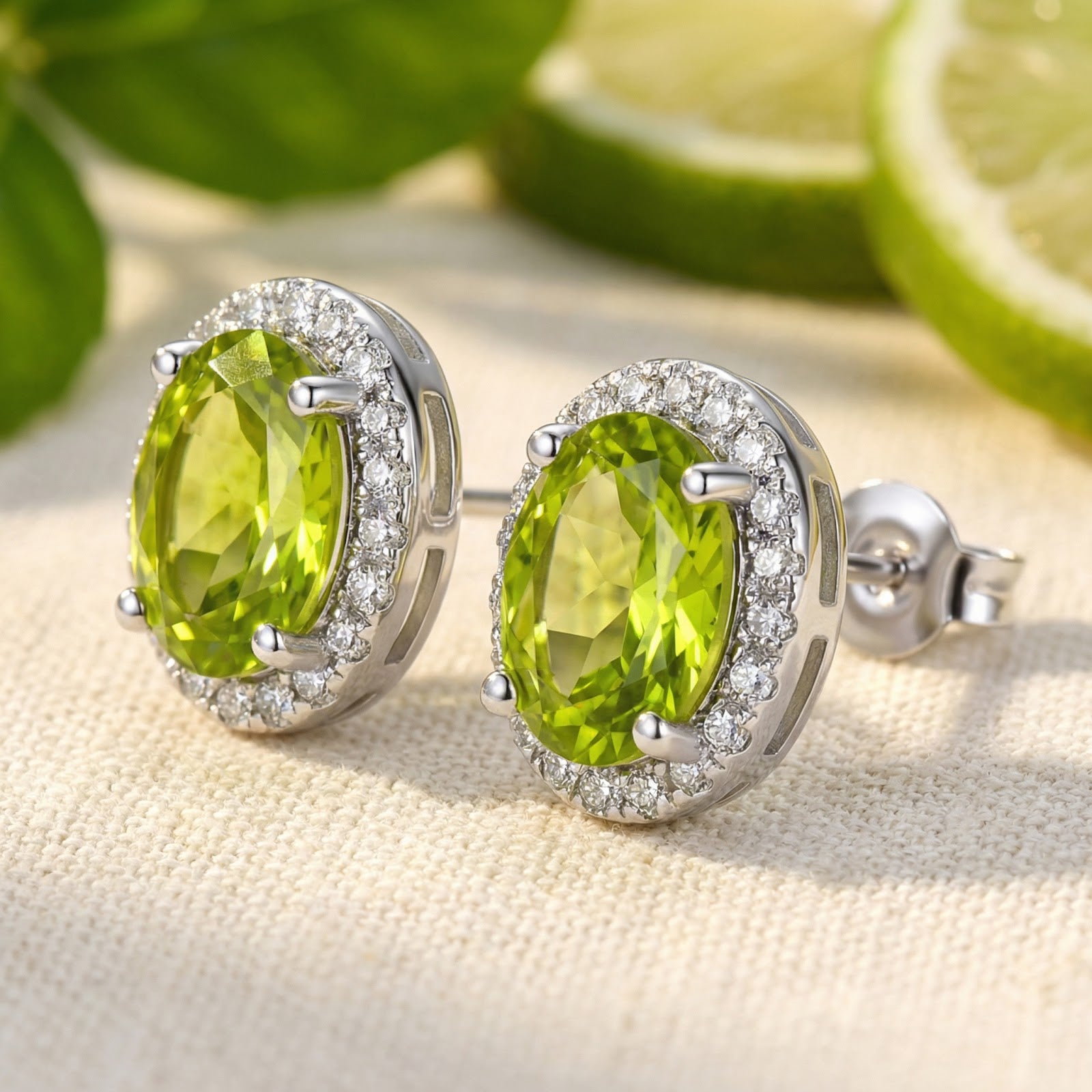 Close-up of oval peridot halo stud earrings in sterling silver showing the side basket setting and butterfly back.