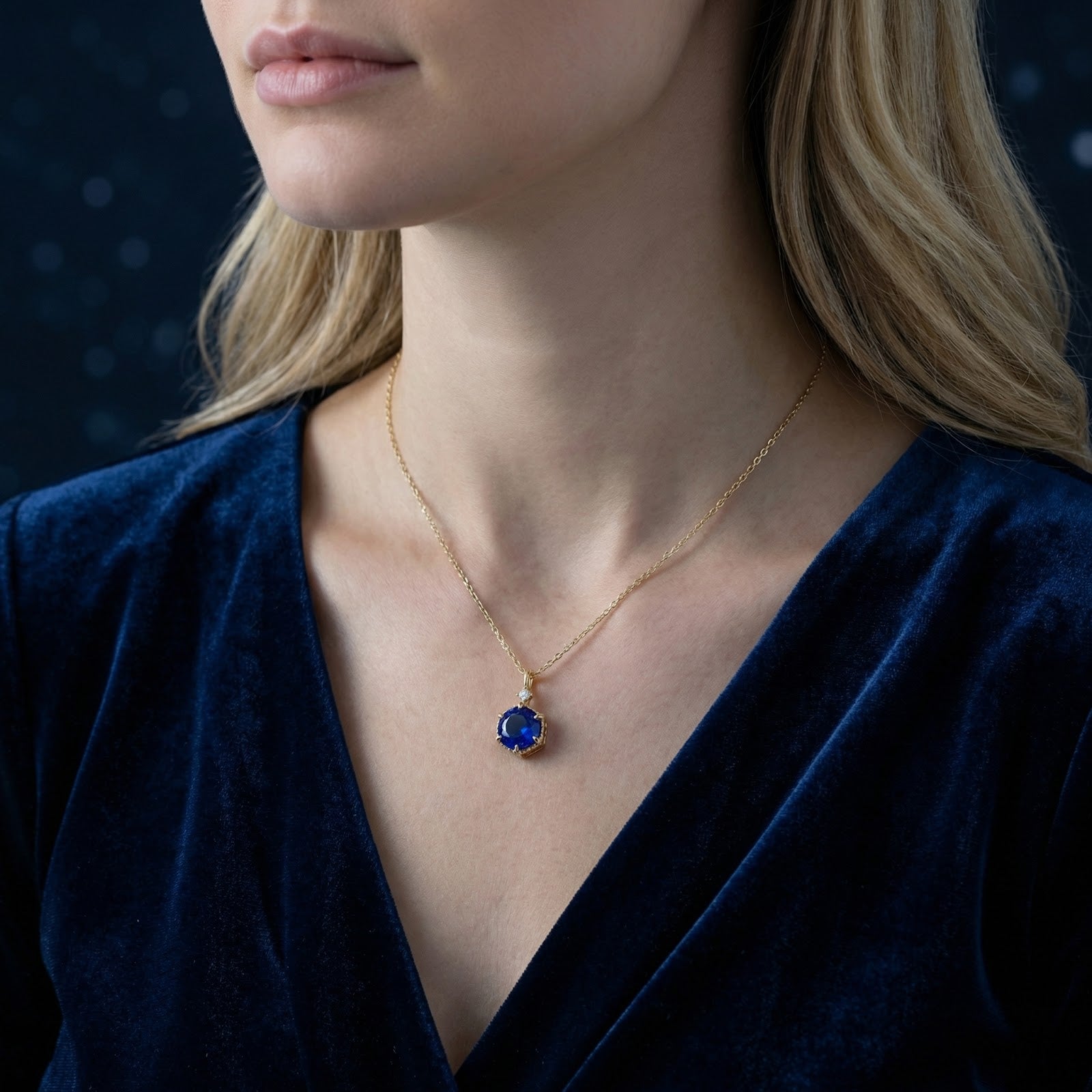 Front view of a model wearing the September birthstone royal blue sapphire hexagon necklace in 18K gold vermeil.