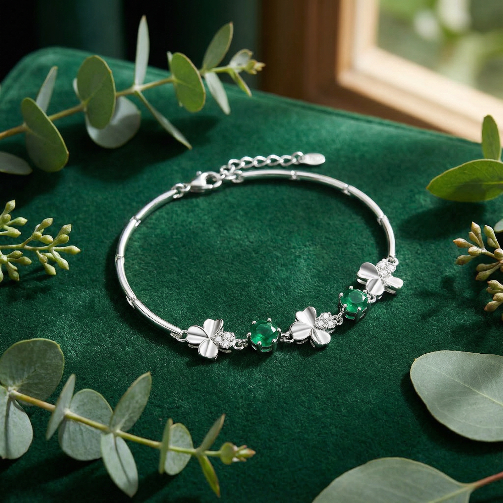 Sterling silver clover bracelet with green simulated emeralds on a green velvet surface with botanical accents.
