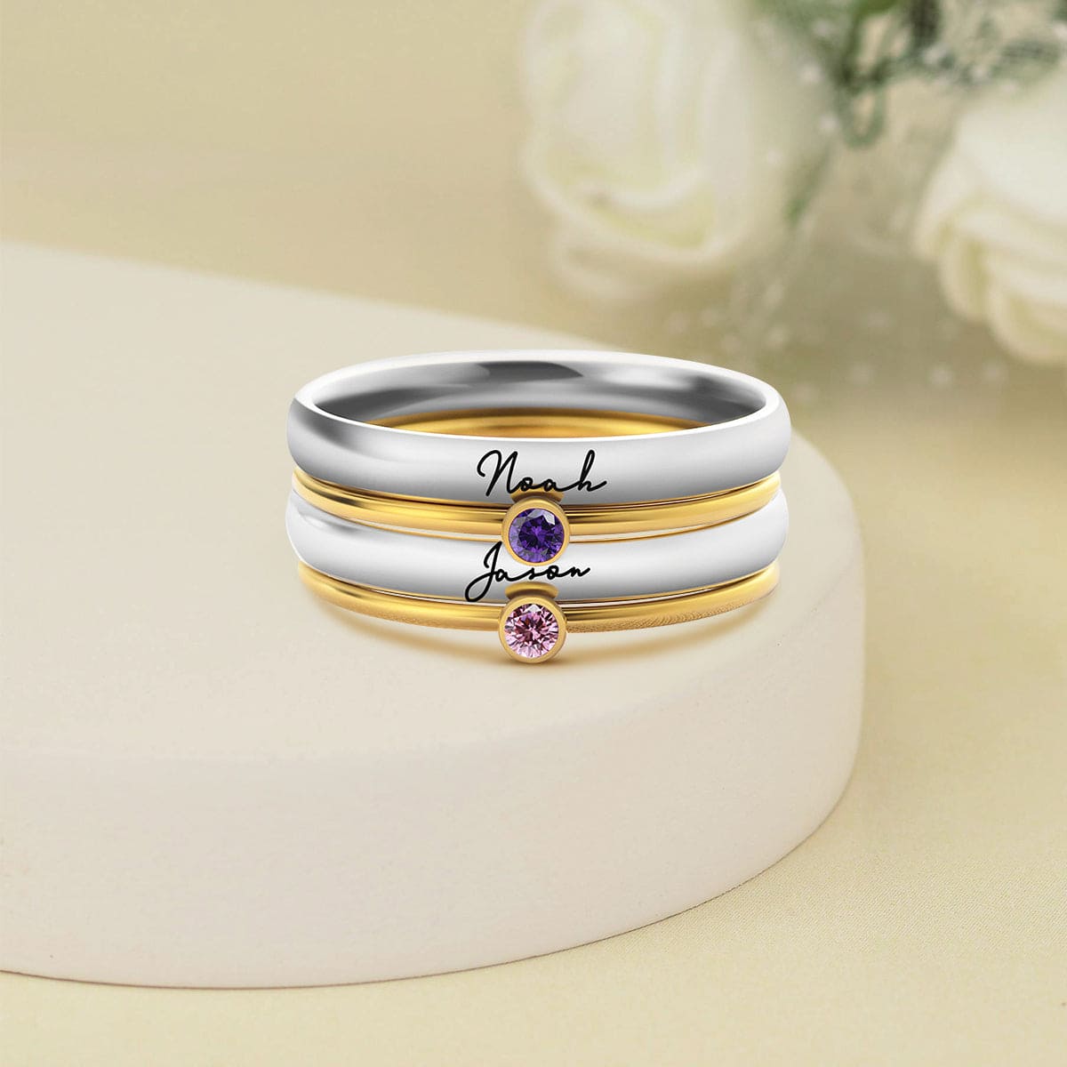 Personalized Engraved Stackable Birthstone Ring Set - Stainless Steel