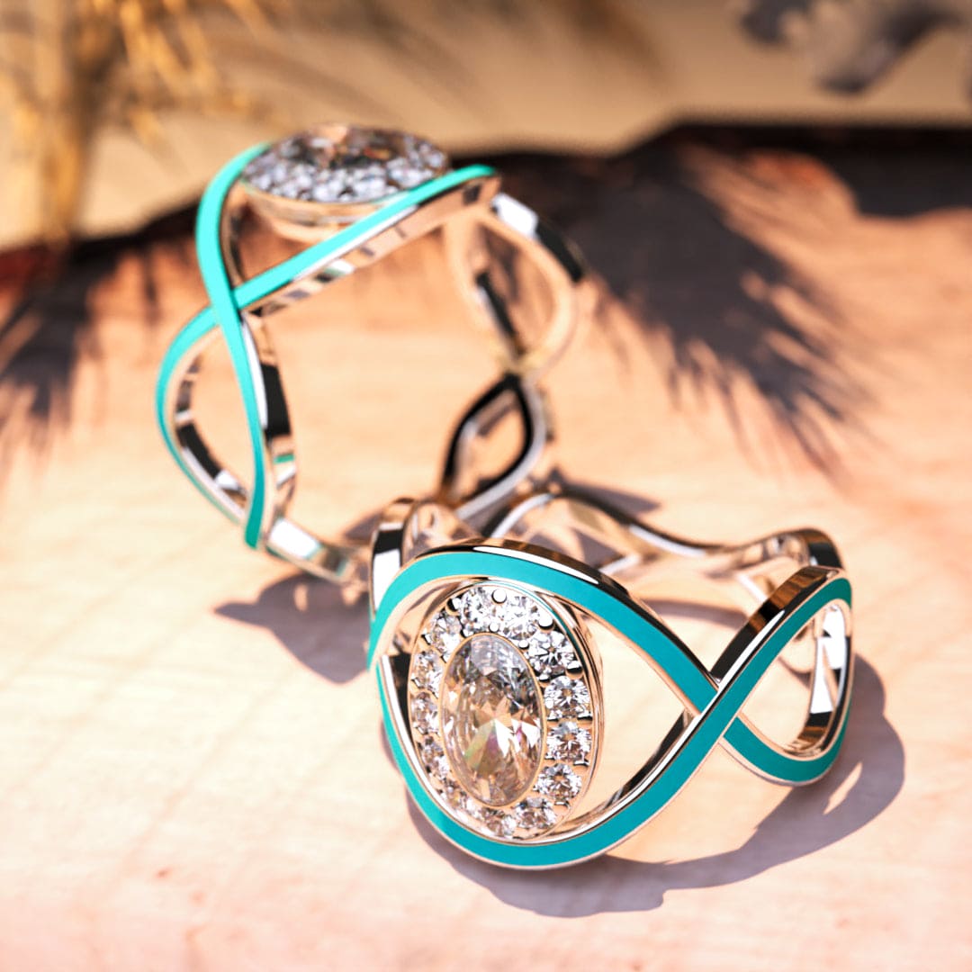 Turquoise Waves: Bague Diamant Taille Opale - Argent Sterling S925