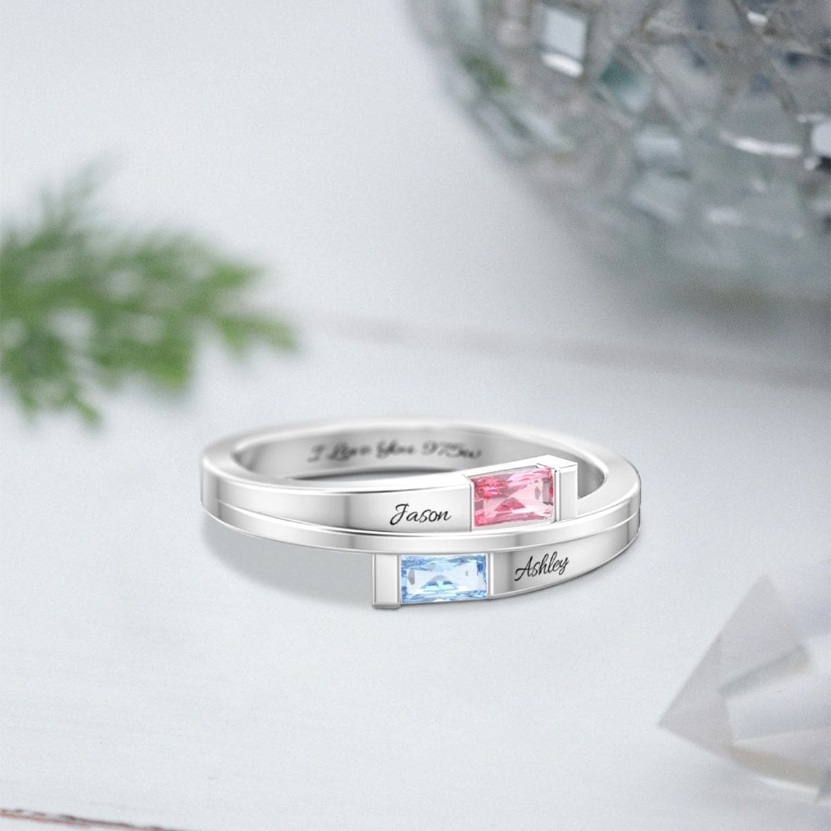 Personalisierter Ring mit doppeltem Prinzessschliff und Geburtssteinen – S925 Sterling Silber