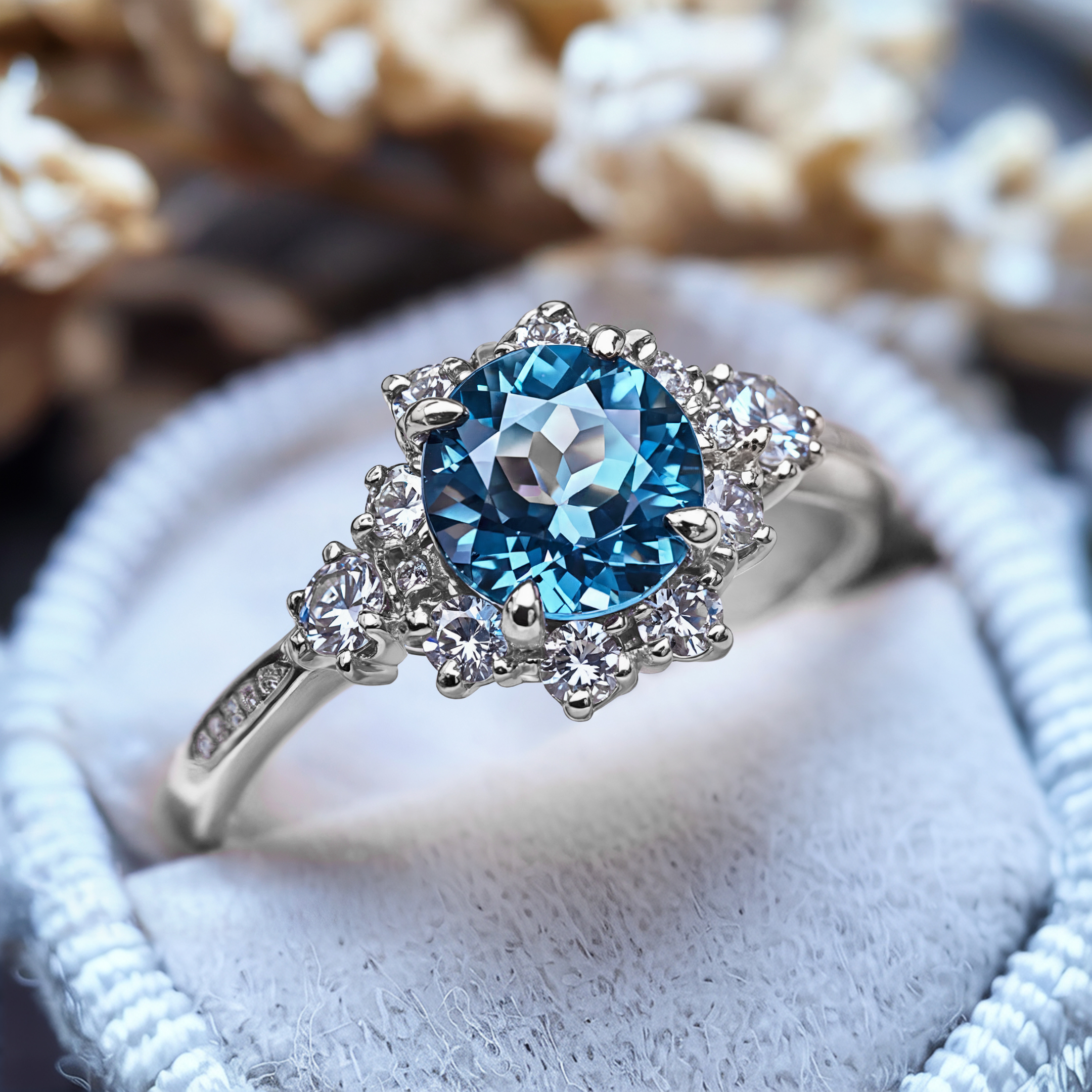 The Bethany 1.5 Carat Blue Moissanite Halo Ring