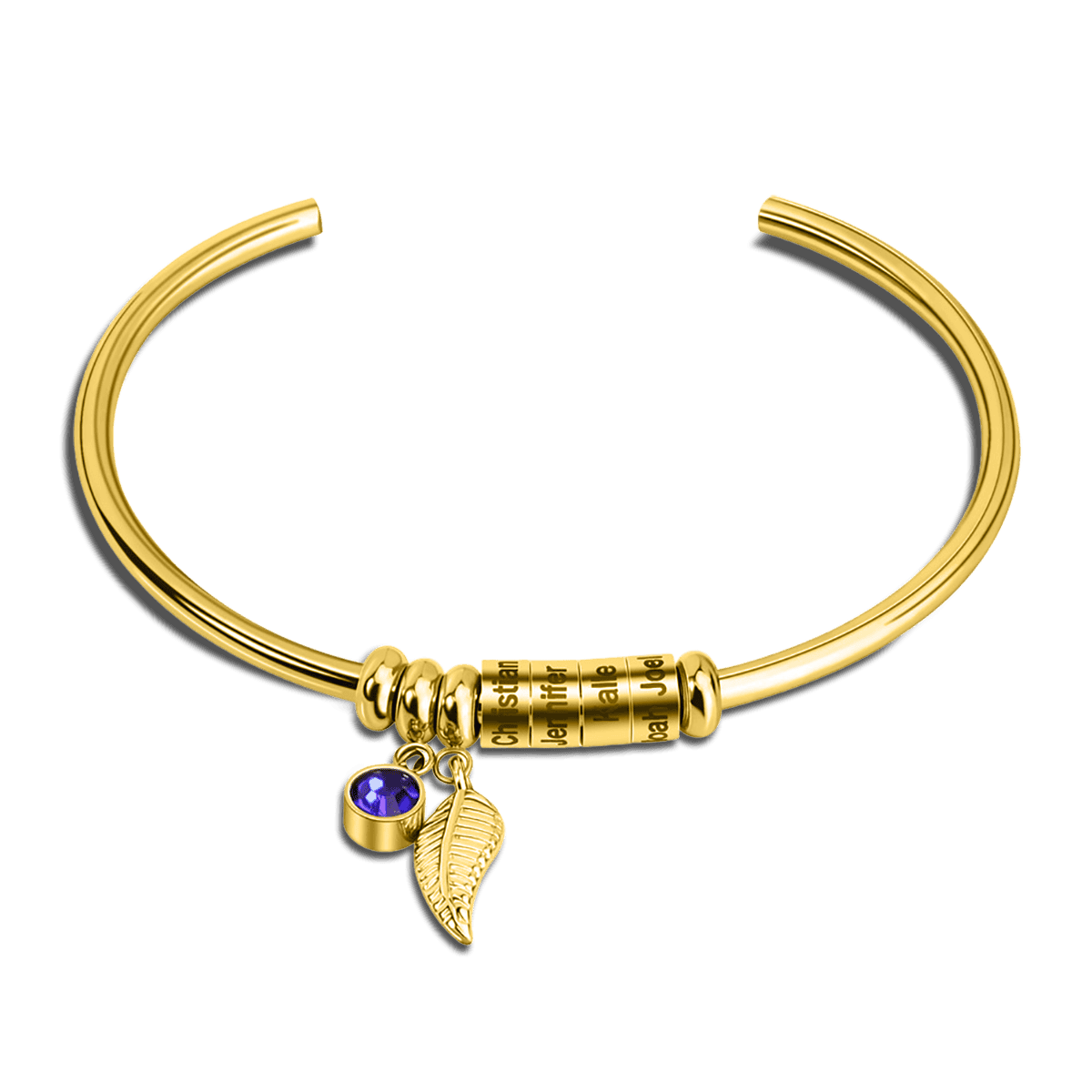 Personalized Birthstone Beads and Family Names Bangle Bracelet - Stainless Steel