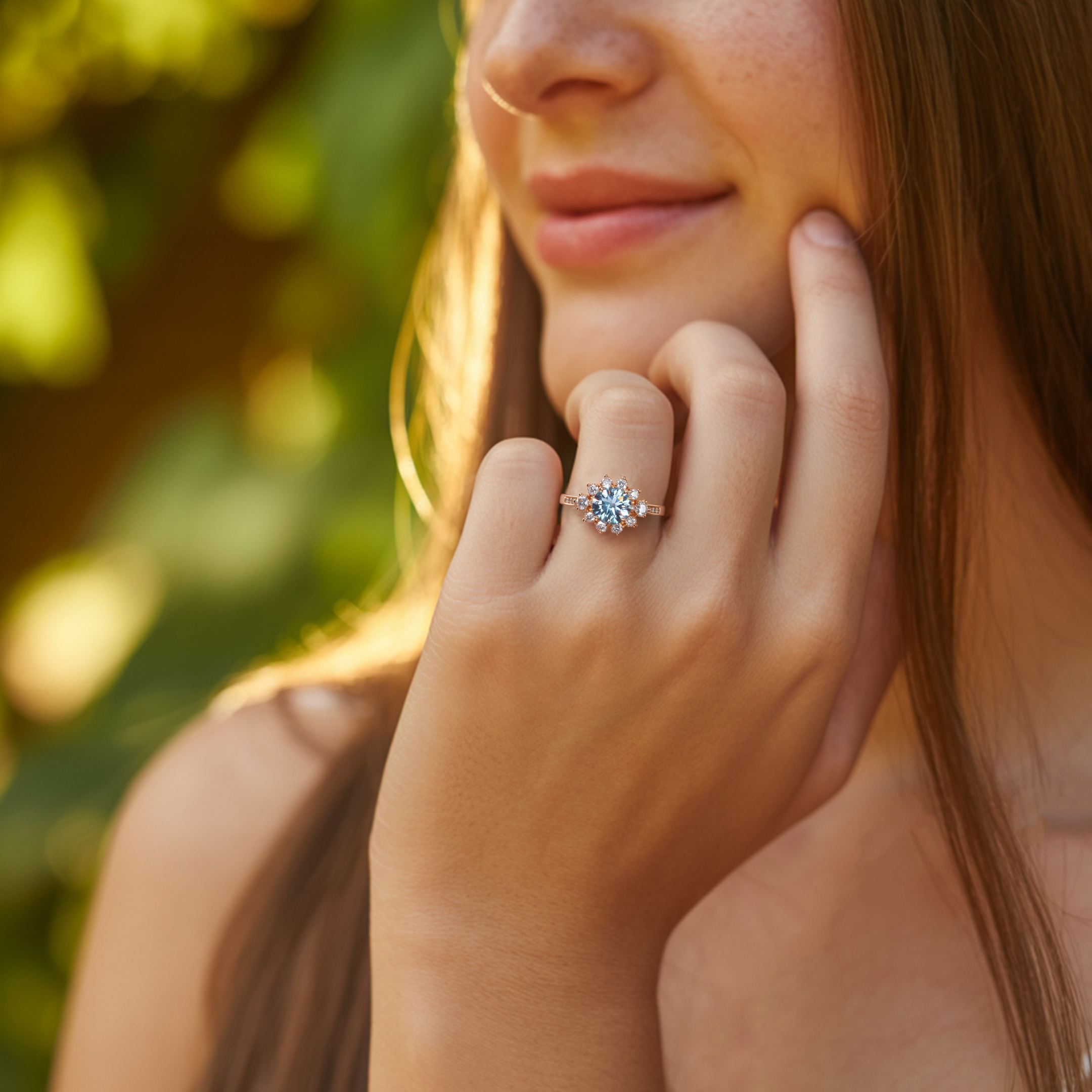 The Bethany 1.5 Carat Blue Moissanite Halo Ring
