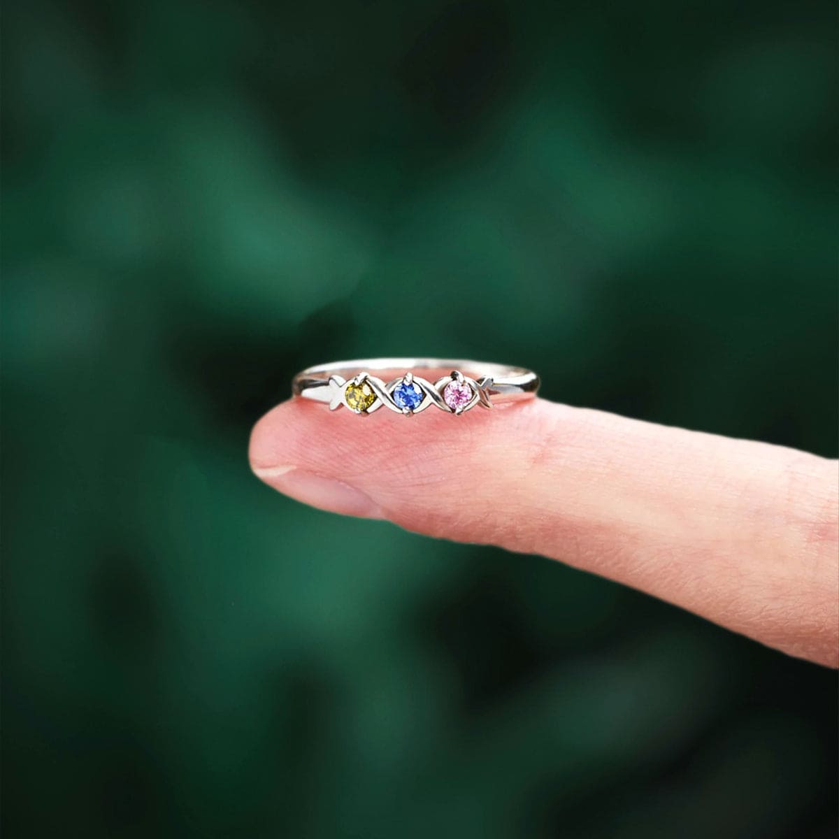 Personalisierter Croissant-Ring mit Geburtssteinen für die Familie – S925 Sterling Silber