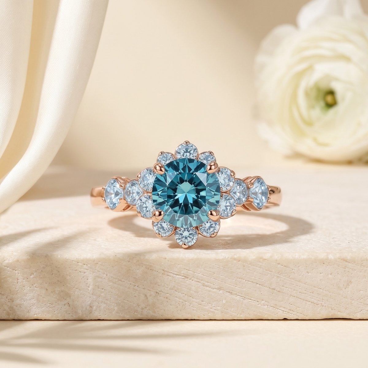 The Noelle blue moissanite halo ring in rose gold, isolated front view