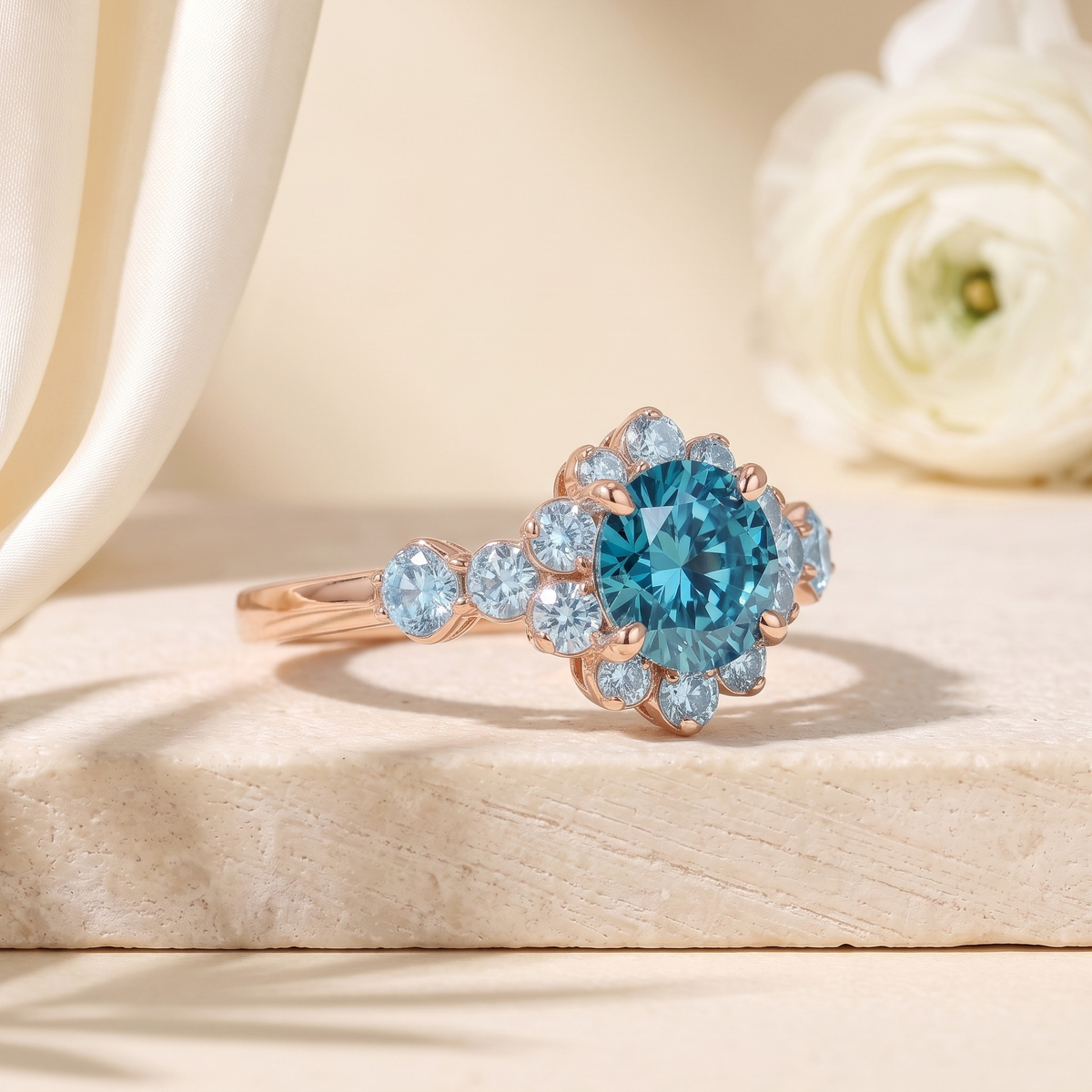 The Noelle blue moissanite halo ring in rose gold, angled close-up