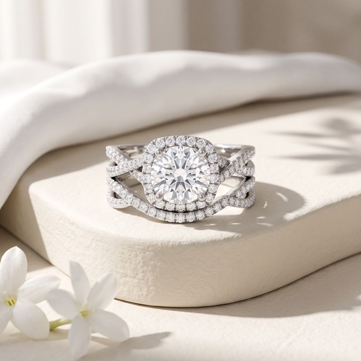 Round halo two-piece bridal ring set in silver, isolated front view