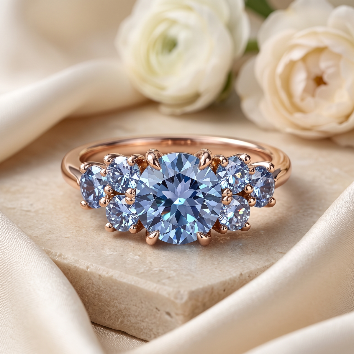 The Carina blue gemstone ring in rose gold, front product view.