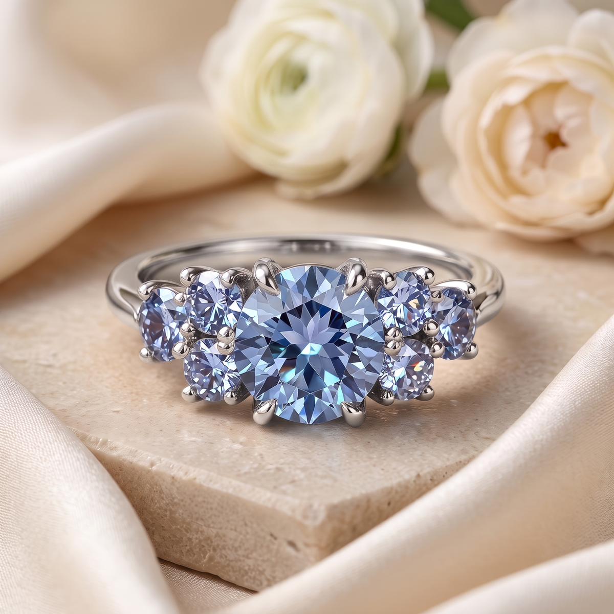 The Carina blue gemstone ring in silver, front product view.