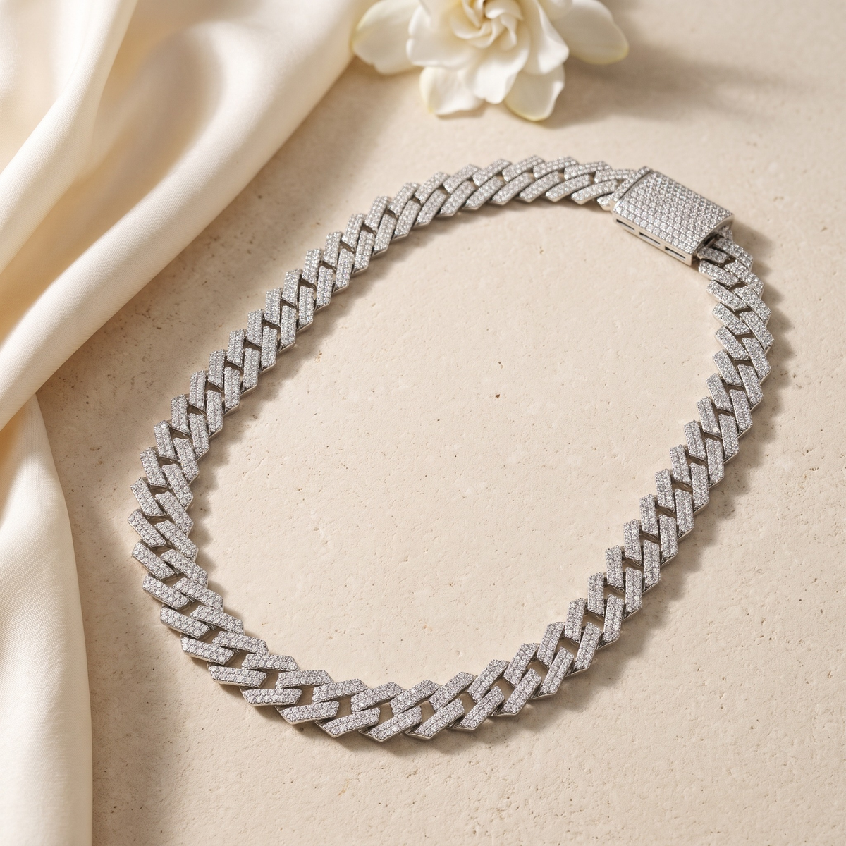 Men's iced moissanite Cuban link chain in silver, full product view.