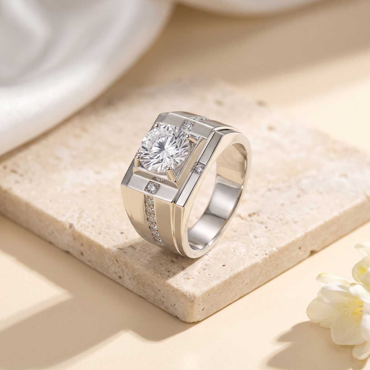 Men's bold round moissanite ring in silver, isolated product view