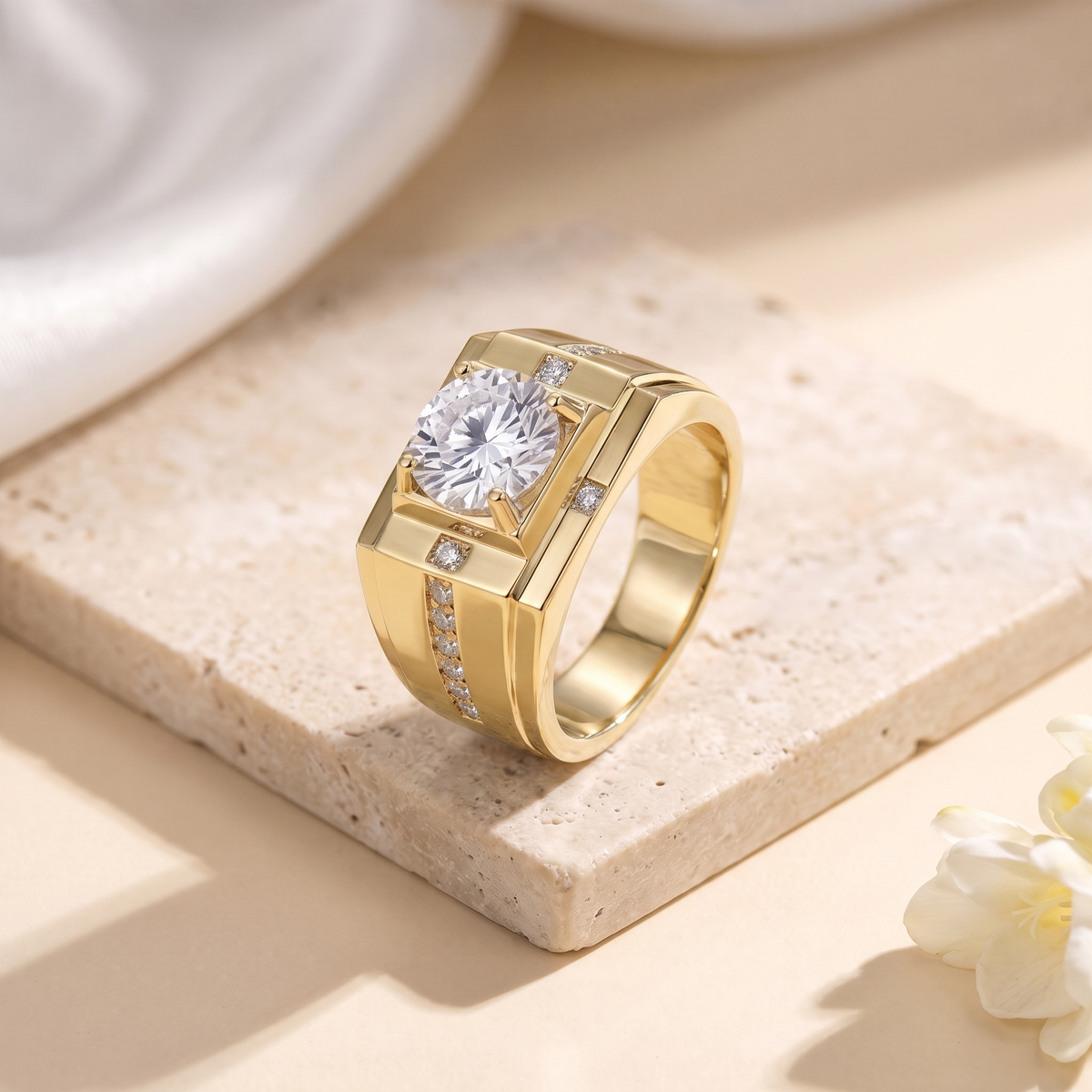 Men's bold round moissanite ring in yellow gold, isolated product view